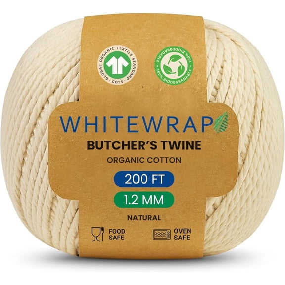 Butchers Twine 200 Feet 1.2mm Natural Cotton Twine Kitchen String, Food Safe, Oven- Safe Cooking Twine for Trussing Turkey, Roasting Meat, Bakers Twine for Baking, Crafts & Gift Wrapping