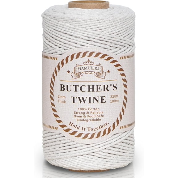 Butchers Twine for Cooking, Baking & Crafts - Food Safe Kitchen Twine for Tying Meat, Trussing Turkey, Roasting, Sausage Making - Strong Cotton Rope for Garden, Crafts & Packing, 328ft 2mm(Beige)