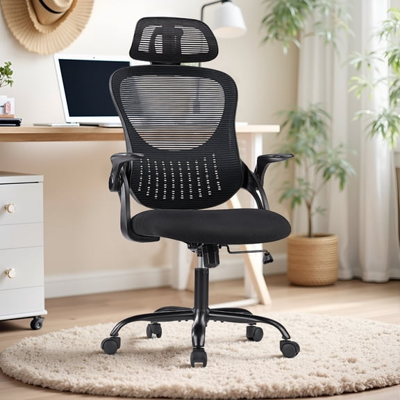 Buteny Ergonomic Mesh Office Chair, High-Back with Adjustable Headrest & Flip-Up Armrest, Comfortable Lumbar Support for Home, Work & Study