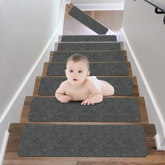 Butizone Non-Slip Carpet Stair Treads with Reusable Adhesive, 9''x 26'', Set of 15 Dark Gray