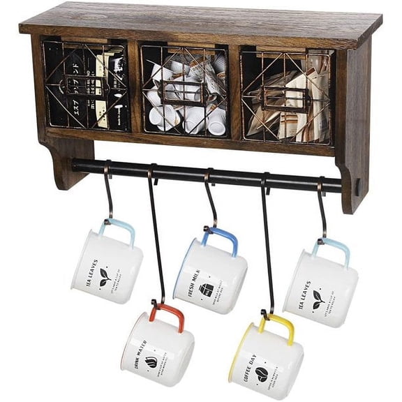 Butizone Rustic Wall Mounted Coat Rack Shelf with Hooks and Baskets, Wood Coffee Mug Storage and Display Organizer Hanging Entryway Shelf, Brown