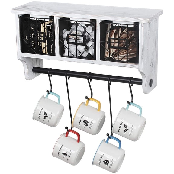 Butizone Rustic Wall Mounted Coat Rack Shelf with Hooks and Baskets, Wood Coffee Mug Storage and Display Organizer Hanging Entryway Shelf, White