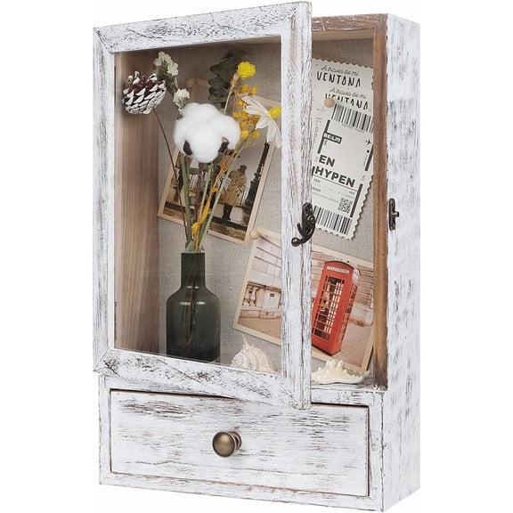 Butizone Shadow Box Frame, 3.2 Deep Shadow Box Display Case with Real Glass and Drawer, Rustic Wood Memory Boxes for Pictures, Flowers, Memorial, Medals, Wedding Bouquet for Wall or Tabletop, White