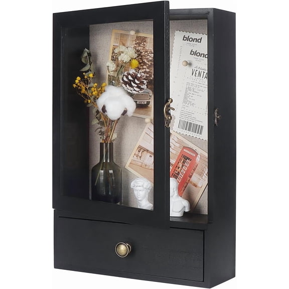 Butizone Shadow Box Frame, 3.2 Deep Shadow Box Display Case with Real Glass and Drawer, Rustic Wood Memory Boxes for Pictures, Flowers, Memorial, Medals, Wedding Bouquet for Wall or Tabletop, Black