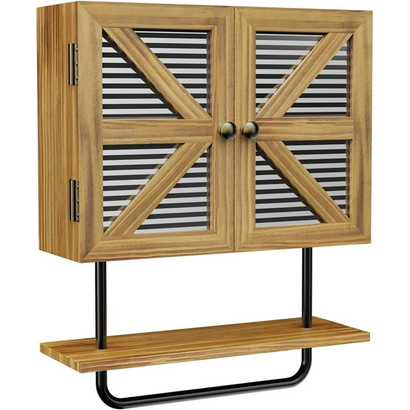 Butizone Small Bathroom Wall Cabinet, 17x21'' Farmhouse Medicine Cabinet Wall Mount, 3 Tier Wood Barndoor Storage Cabinet with Shelf and Towel Bar for Bathroom, Kitchen, Laundry Room, Brown
