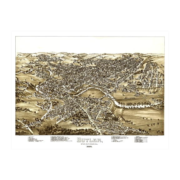 Butler Art, 1896 Vintage Map of Butler Pennsylvania, PA History Wall Decor Gift, Old Butler Map - 24" x 18" Unframed Print