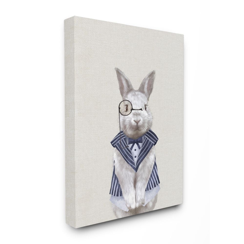 Butler Bunny Kids Animal Blue Painting Oversized Stretched Canvas Wall Art by Ziwei Li