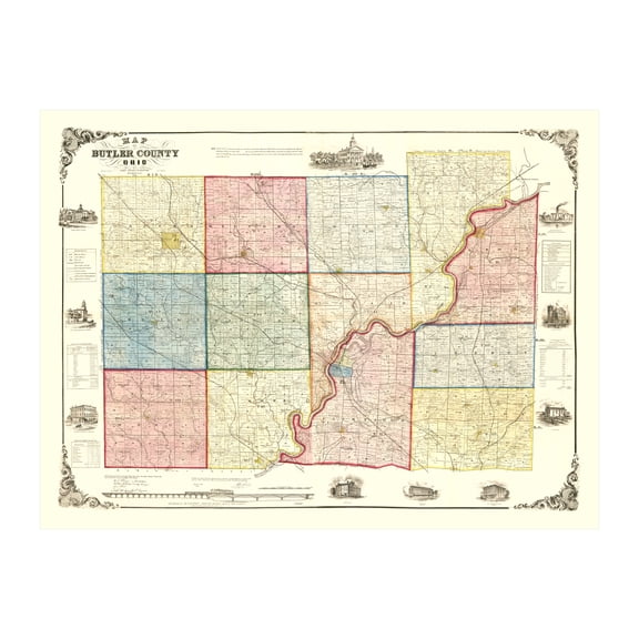 Butler County Ohio Art, 1855 Vintage Map of Butler County OH History Wall Decor Gift, Old Butler County OH Map - 24" x 18" Unframed Print