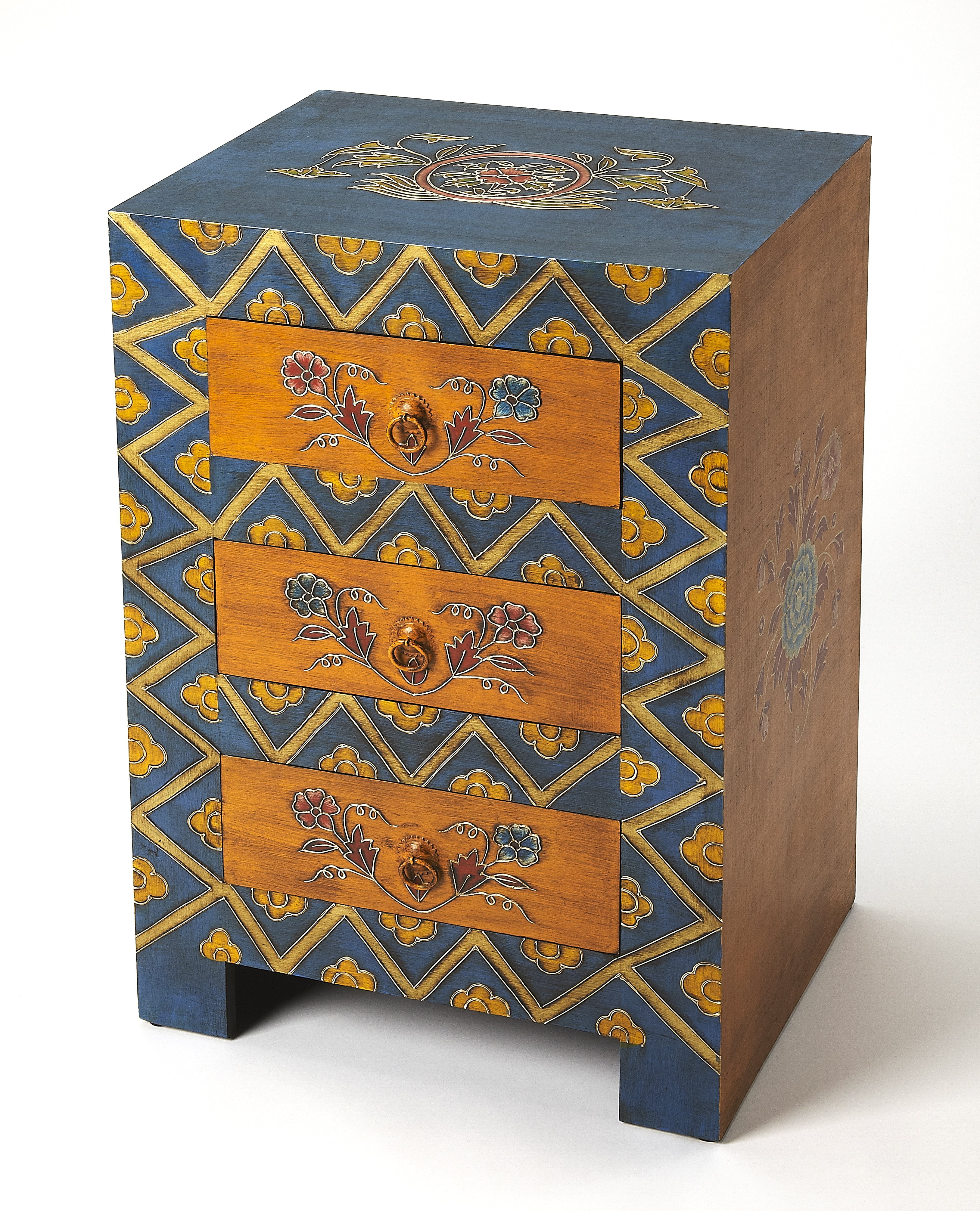 Vibrant Hand-Painted Mango Wood 3-Drawer Accent Chest