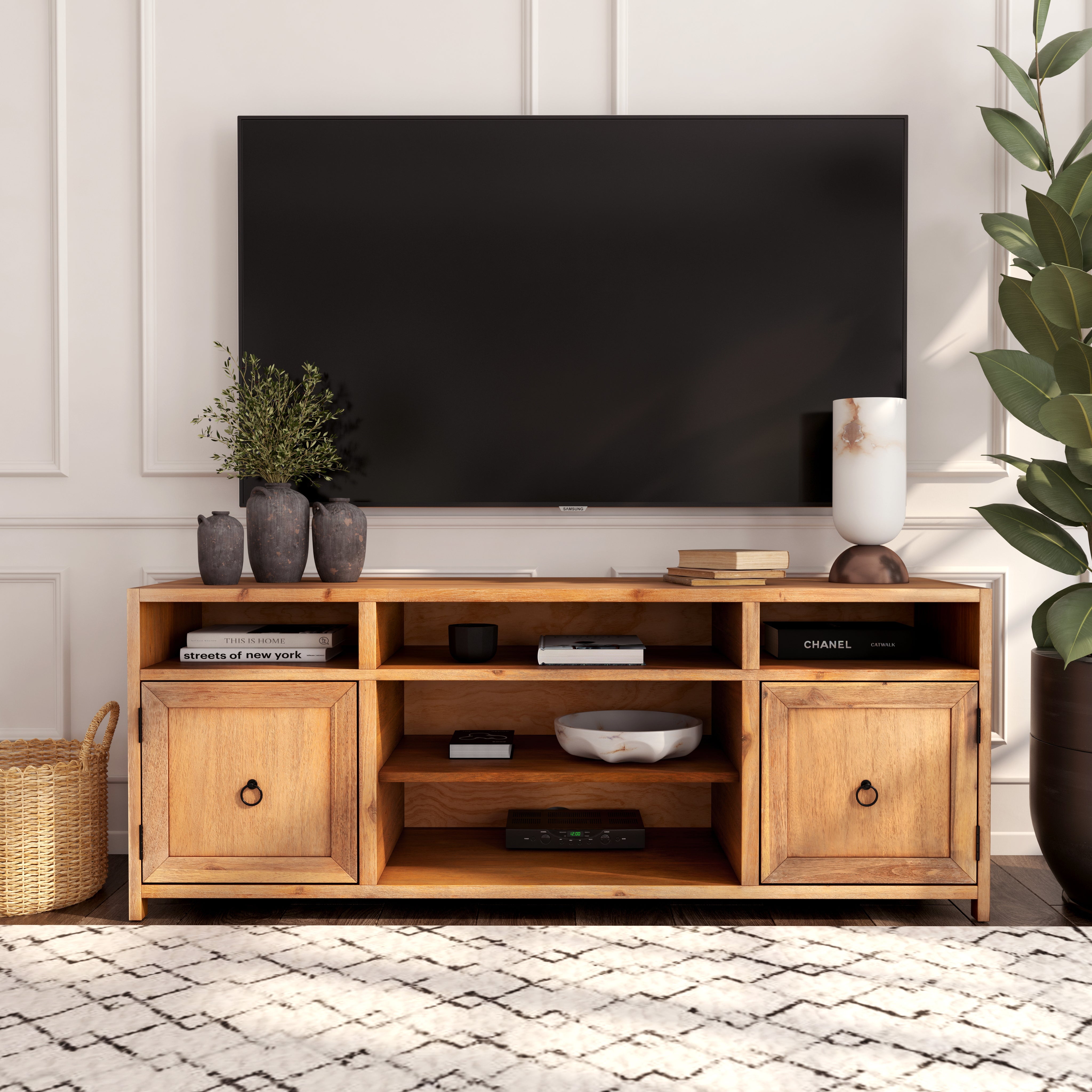 Elin Natural Wood 65'' Media Console with Adjustable Shelves