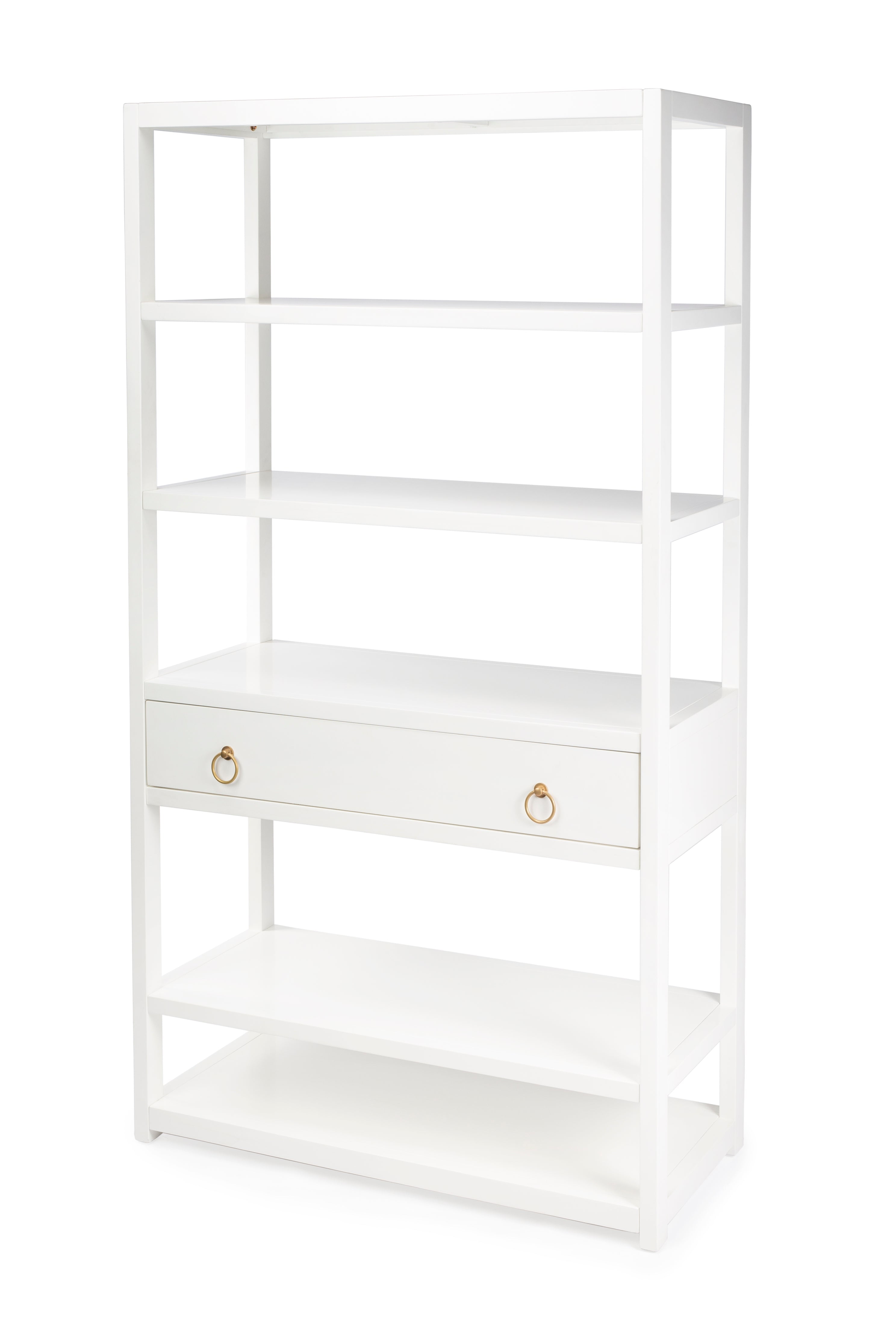 Elevated Elegance White Acacia Wood Etagere Bookcase with Gold Hardware