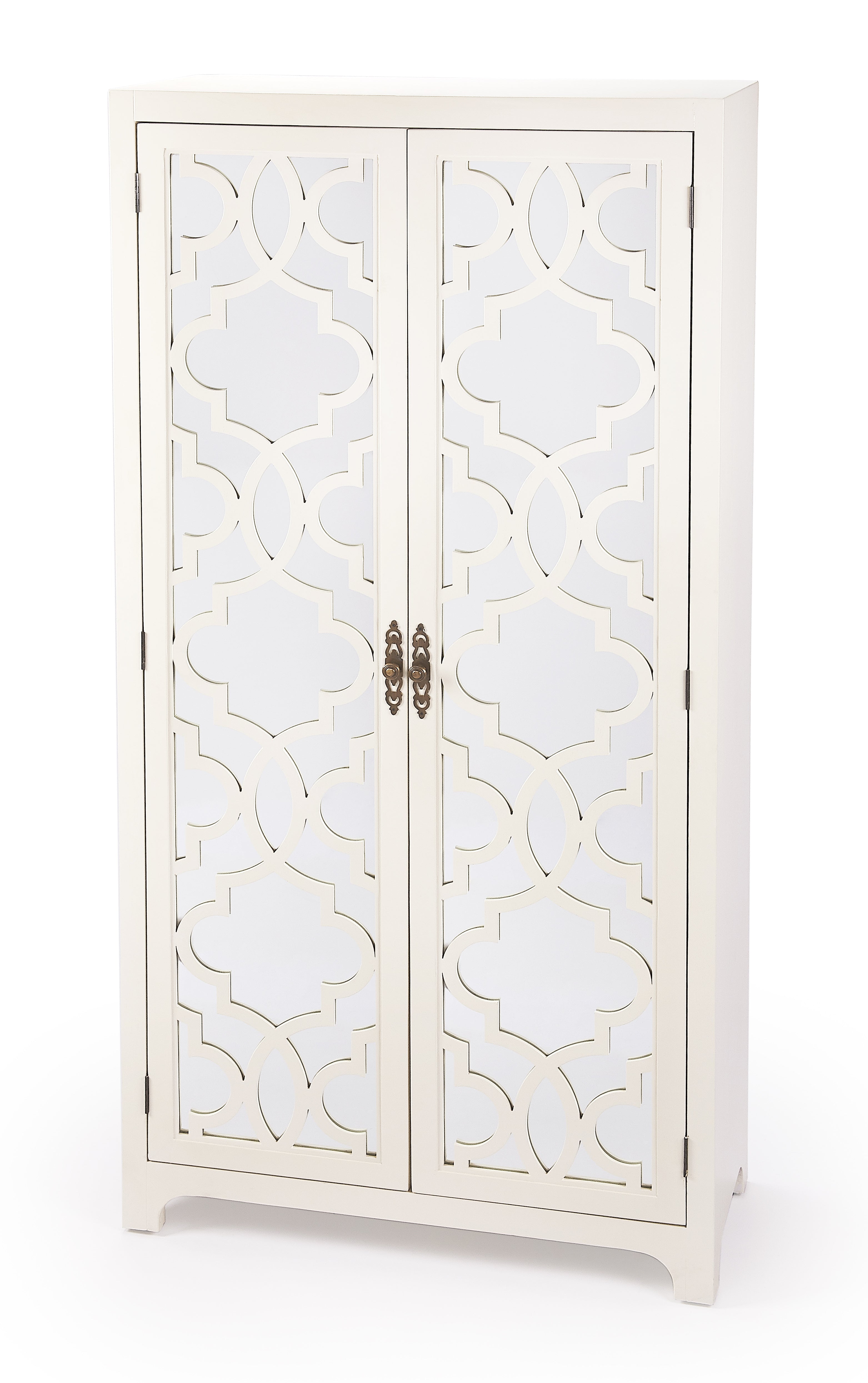 Elegant White Mirrored Armoire with Trellis Pattern and Brass Handles