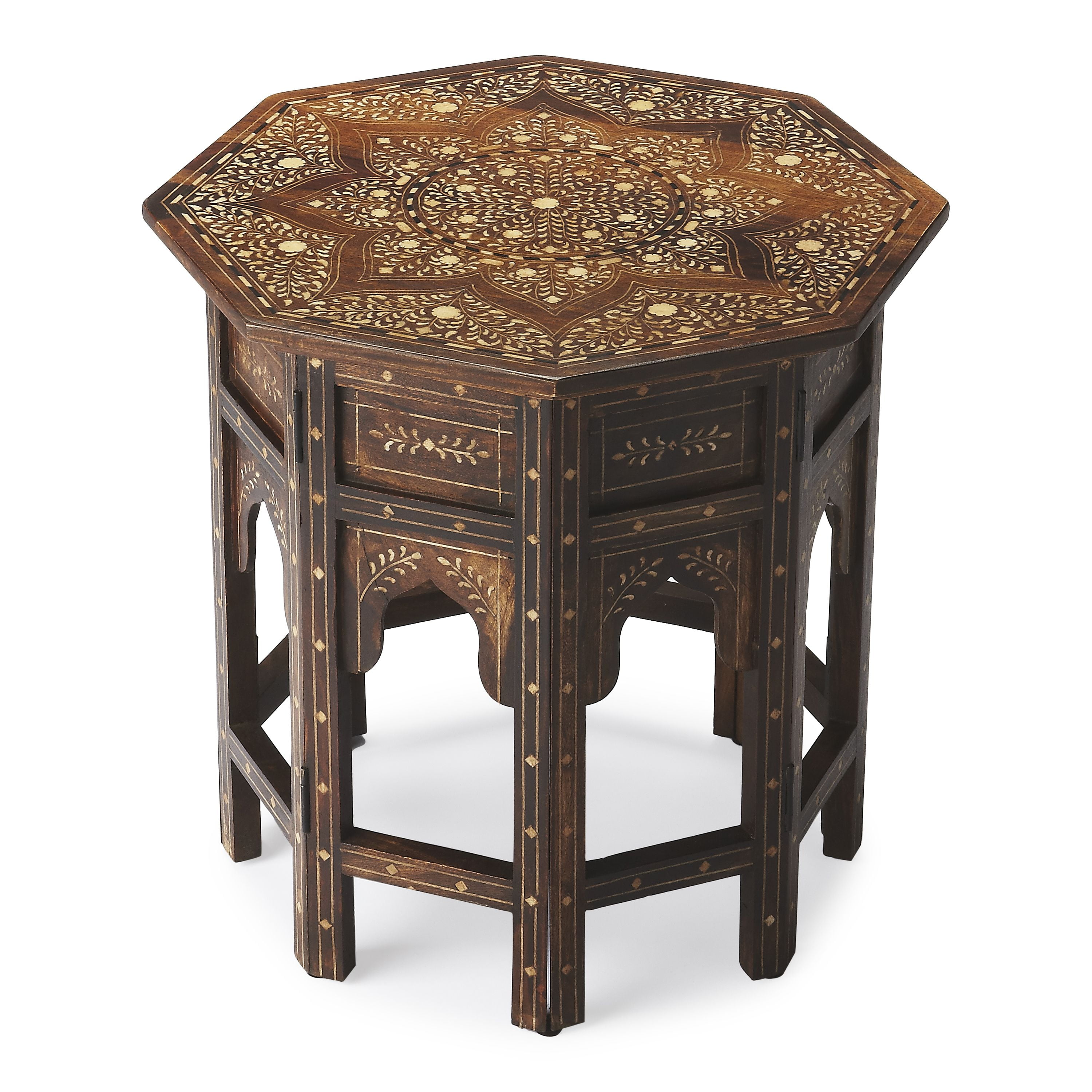 Round Medium Brown Wood and Bone Inlay Accent Table