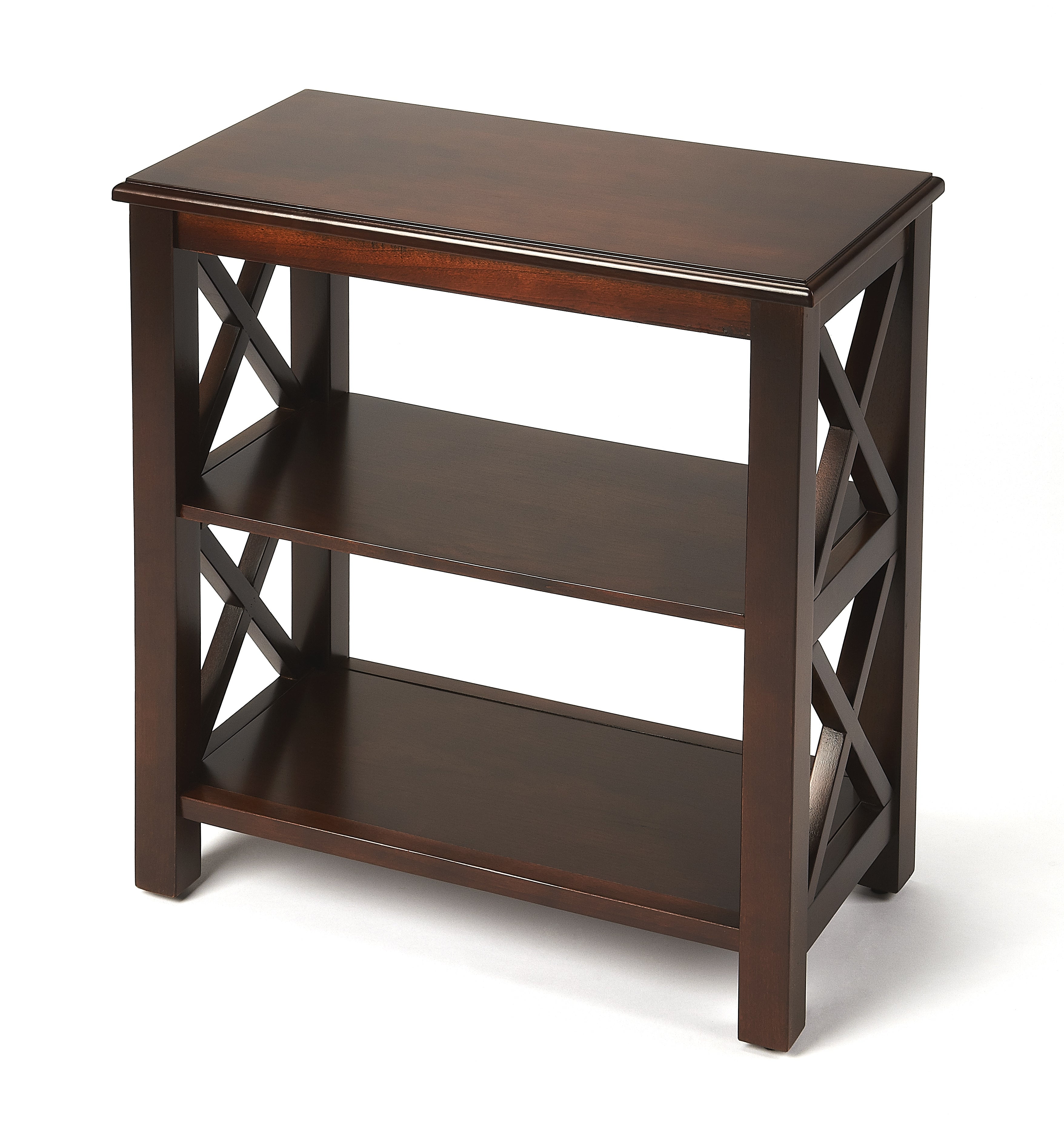 Petite Cherry Wood 2-Shelf Bookcase with X-Side Supports