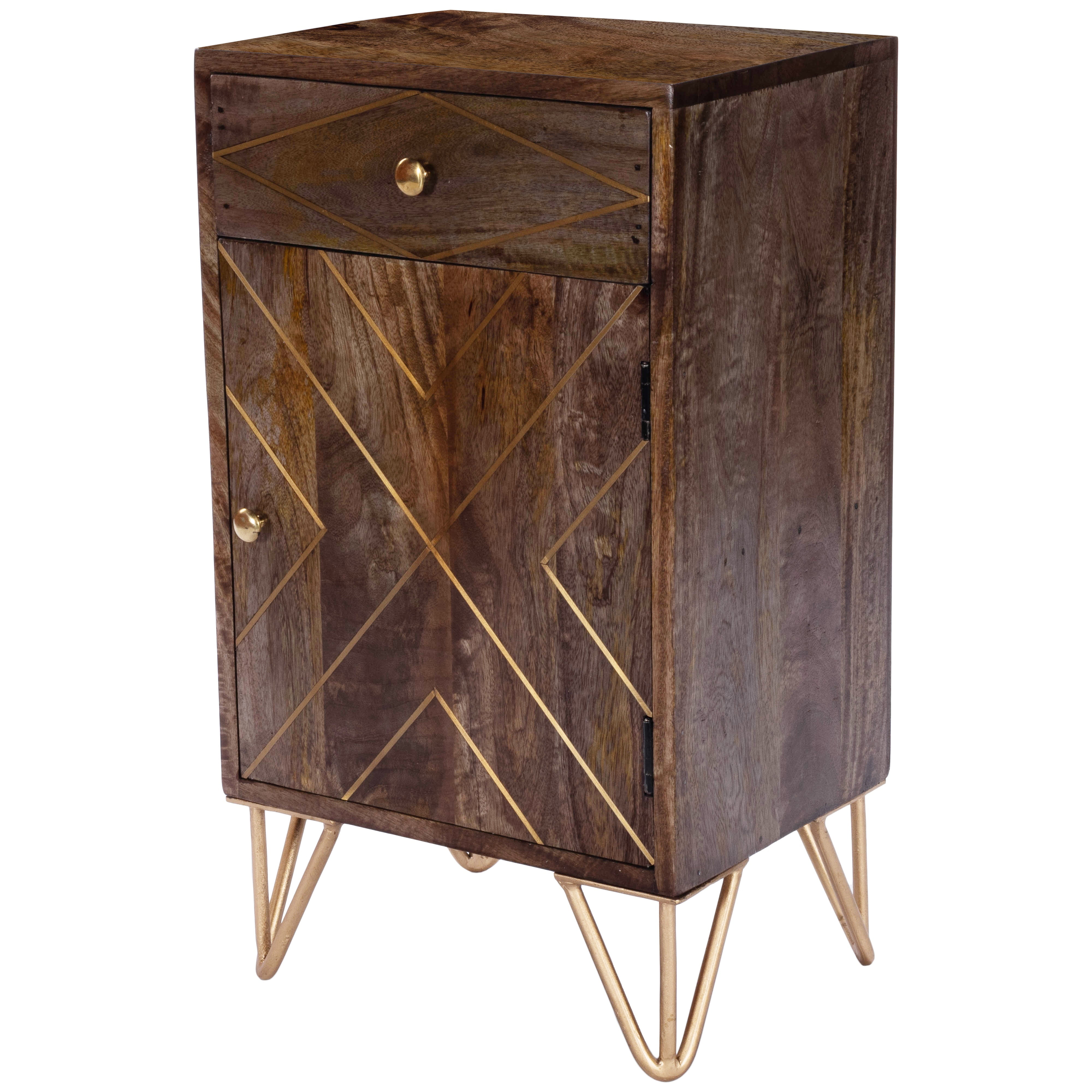 Alda Mango Wood and Brass Inlay Chairside Chest with Storage