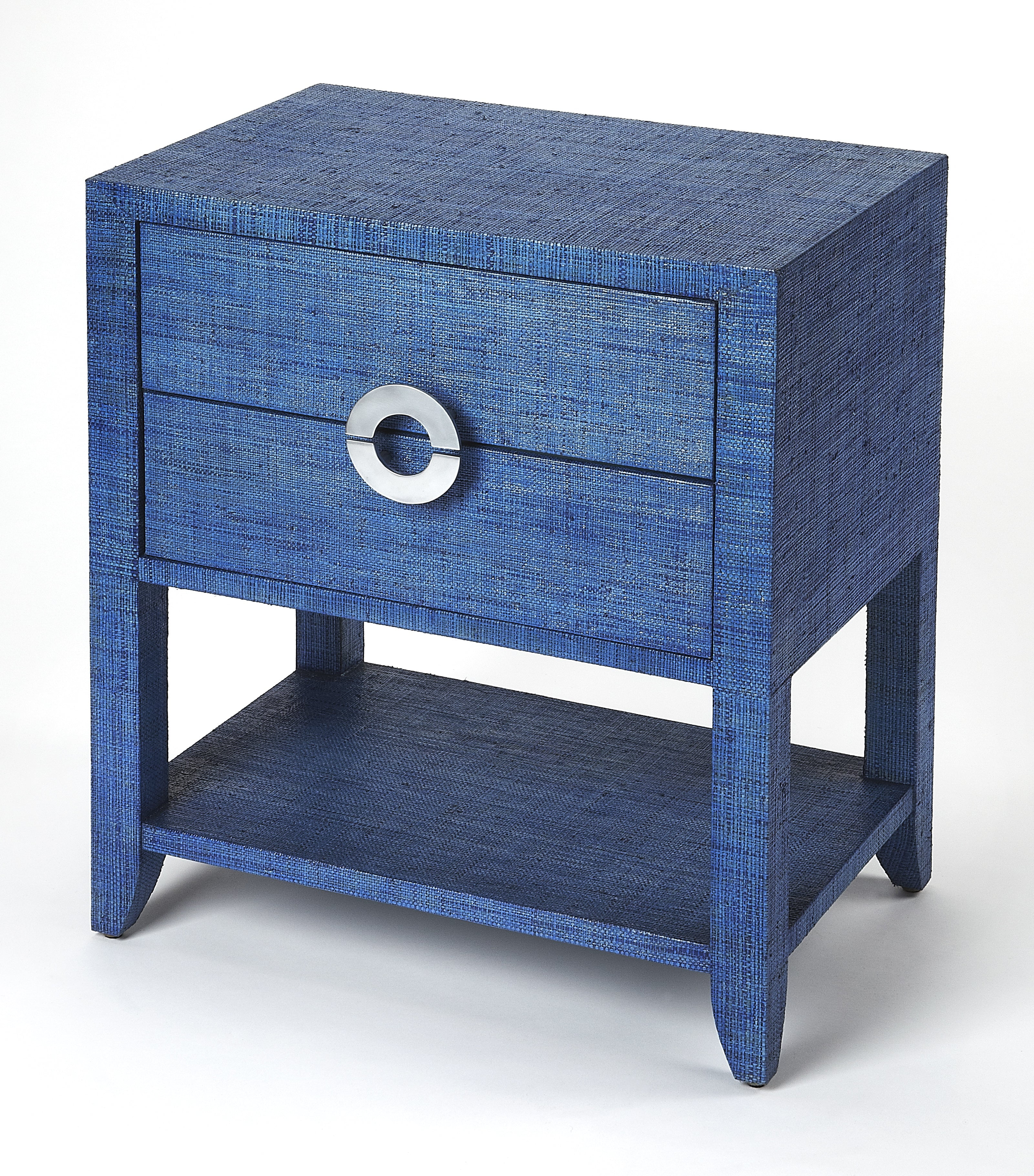 Amelle Blue Raffia 2-Drawer Nightstand with Silver Pulls