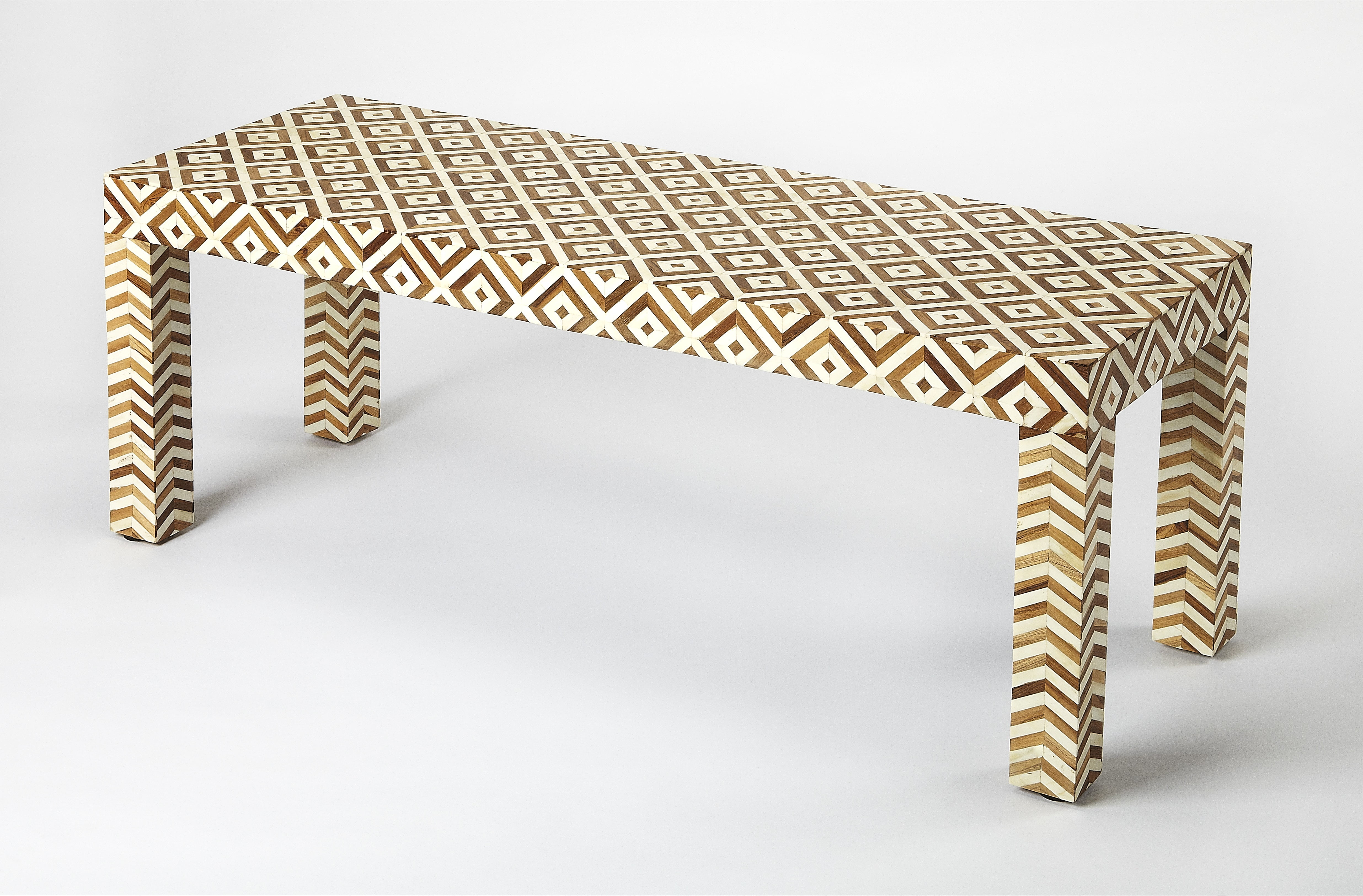 Geometric Cream & Brown Teak Bone Inlay Bedroom Bench with Storage