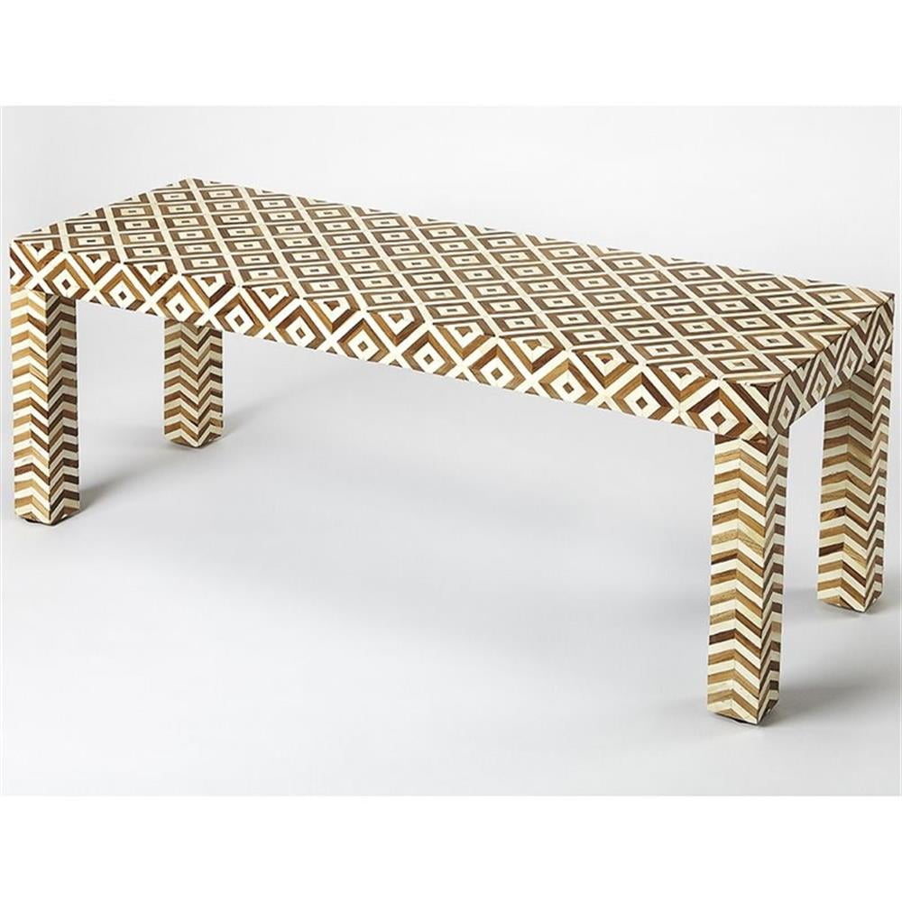 Geometric Cream & Brown Teak Bone Inlay Bedroom Bench with Storage
