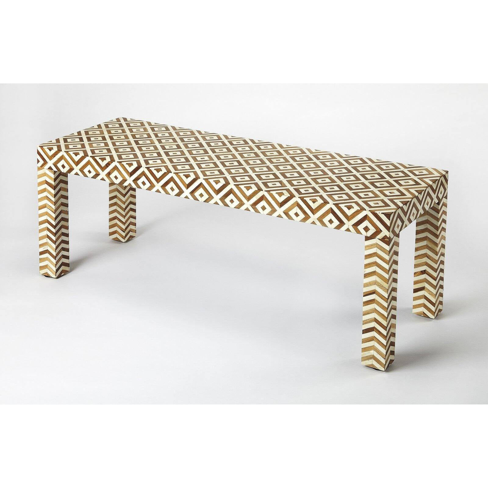 Geometric Cream & Brown Teak Bone Inlay Bedroom Bench with Storage