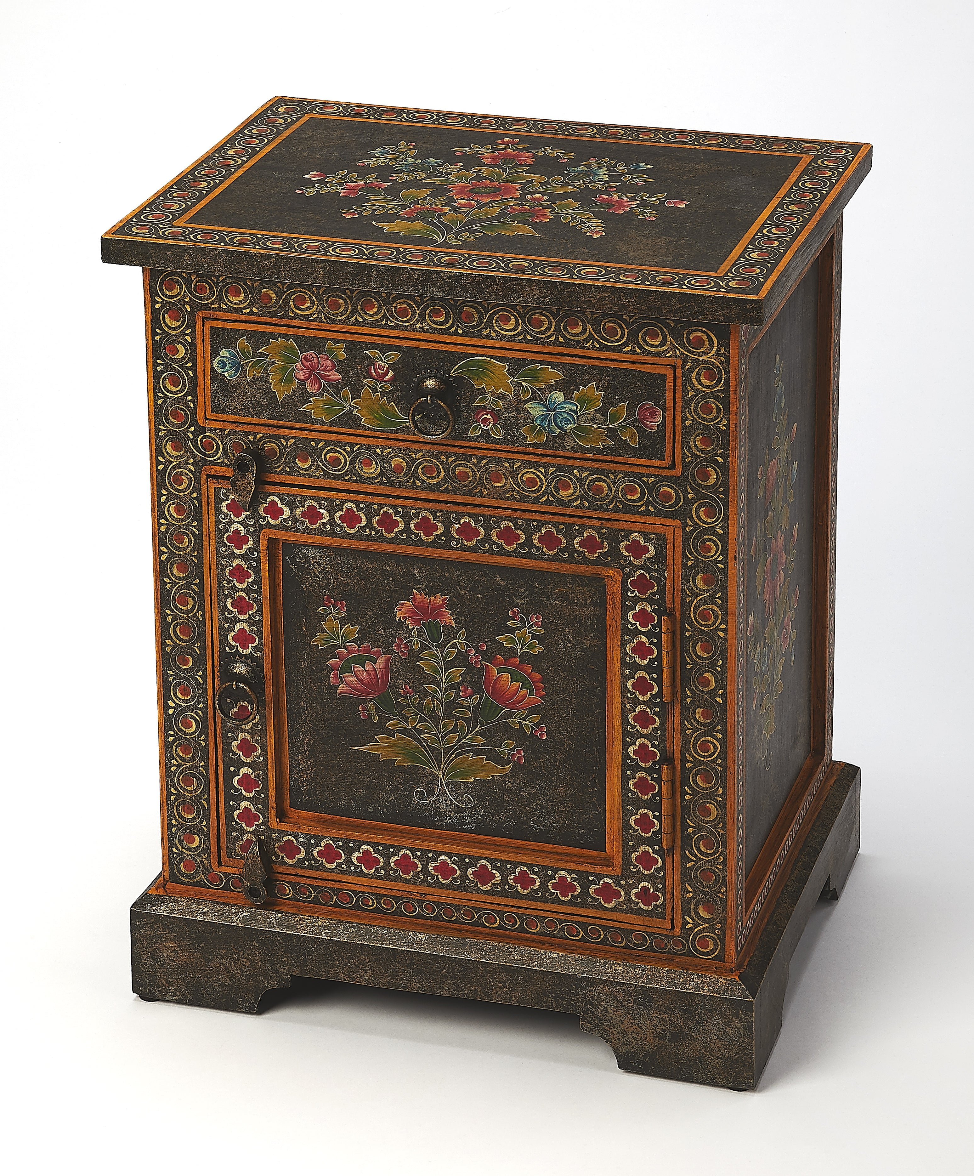 Bihar Hand Painted Floral Motif Brown Wood Chest