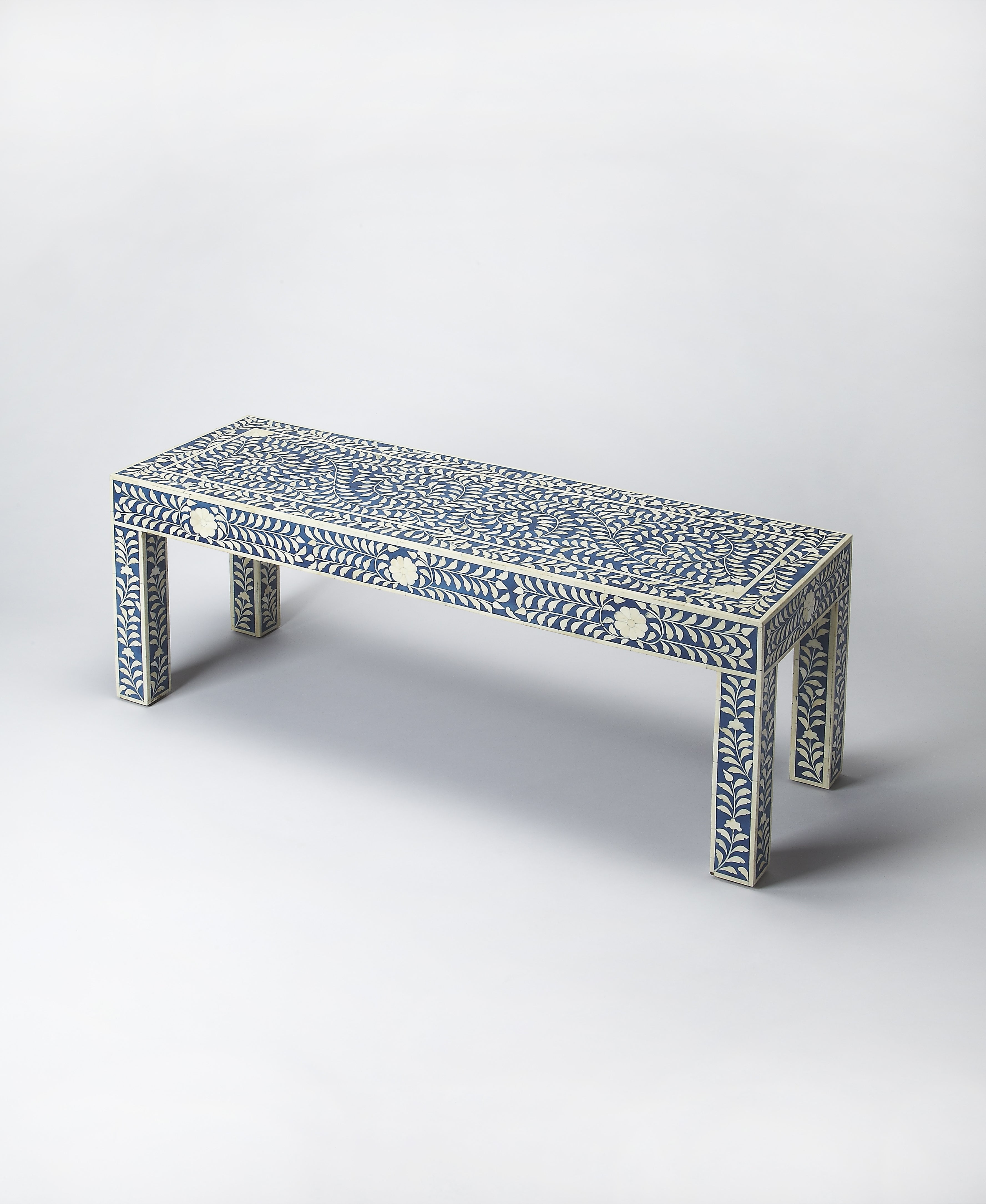 Vivienne Botanic Motif Blue Bone Inlay Bedroom Bench