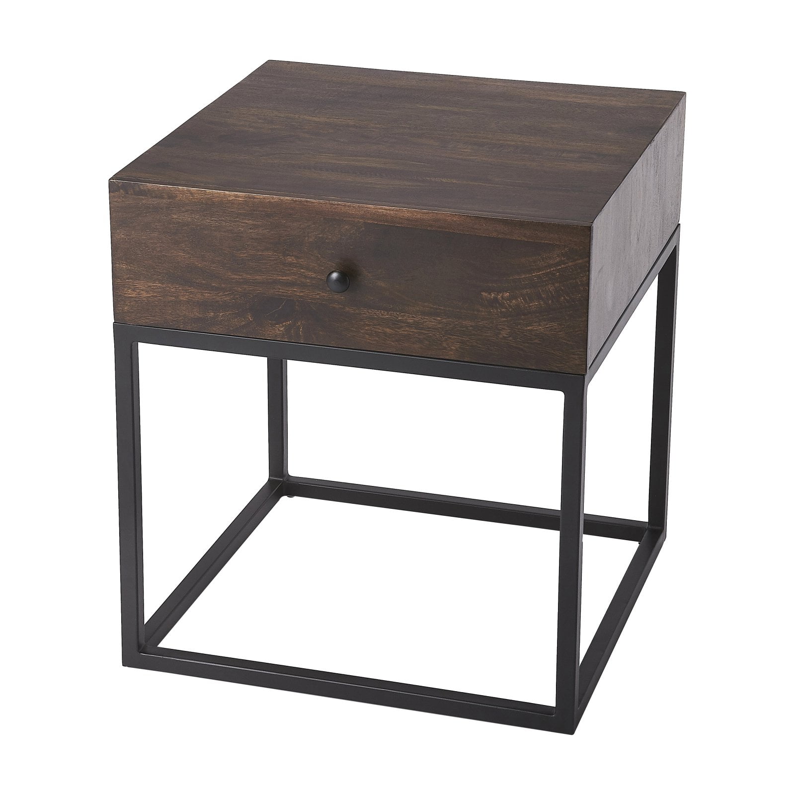 Modern Industrial Mango Wood & Iron End Table with Drawer
