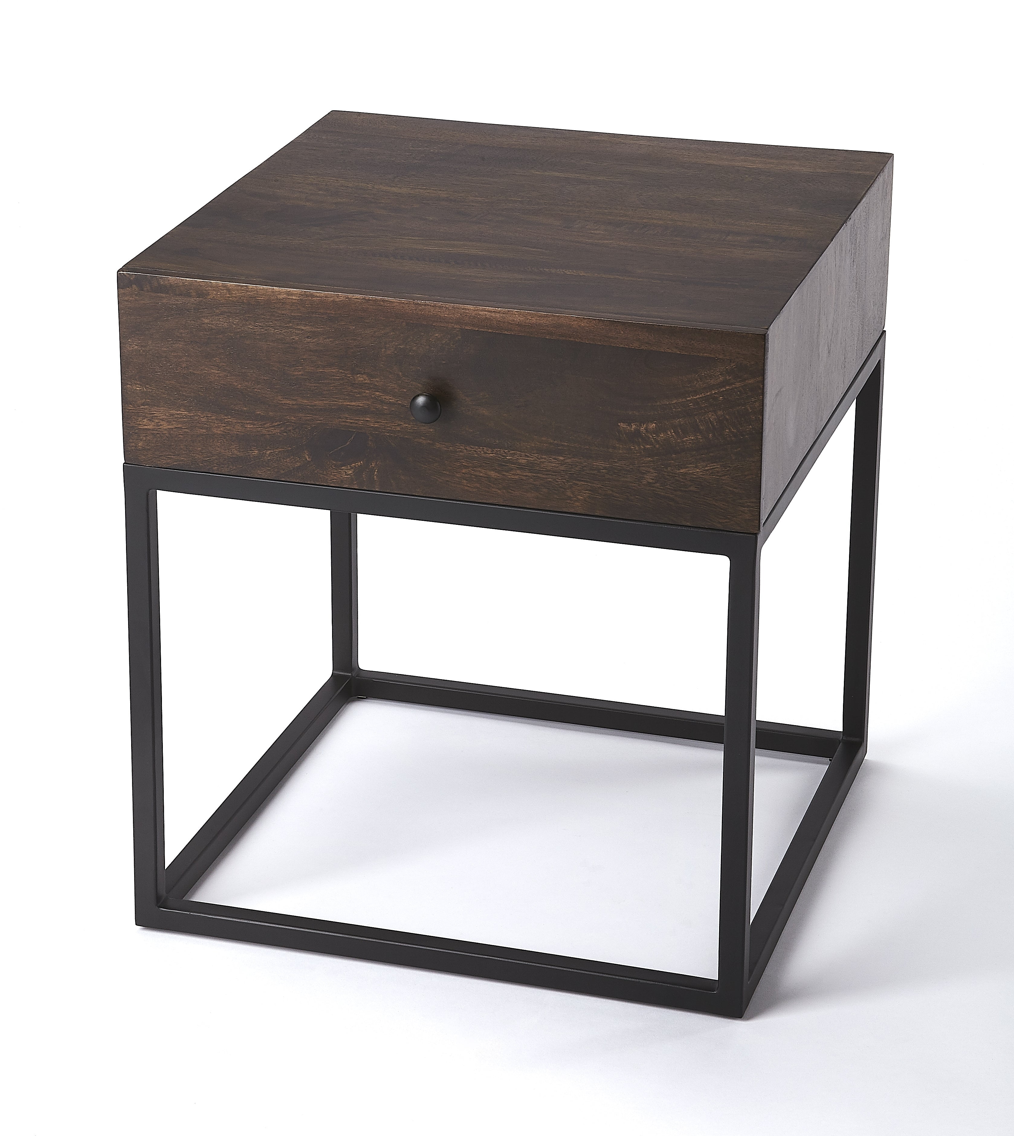 Modern Industrial Mango Wood & Iron End Table with Drawer