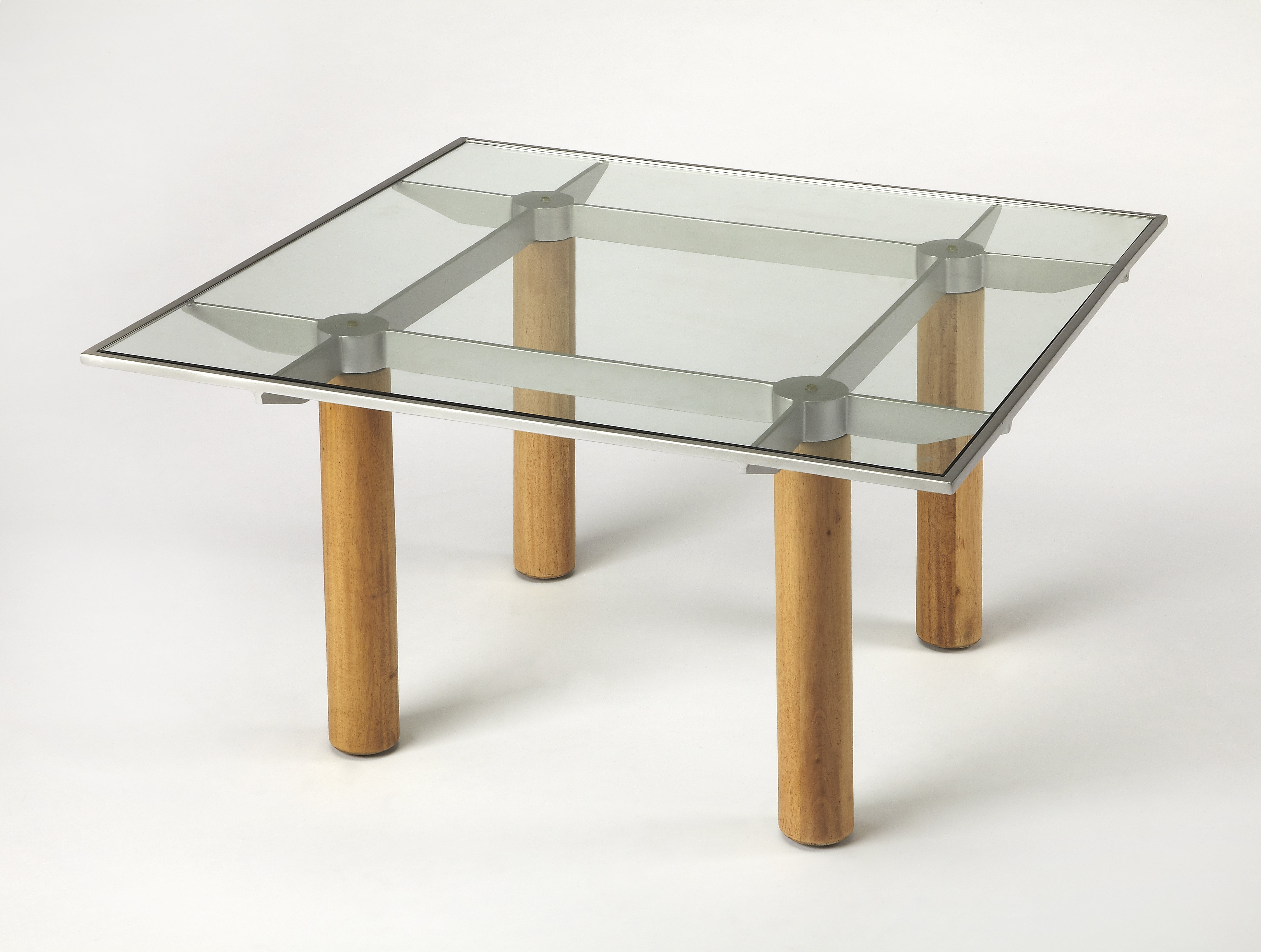 Cirrus Square Coffee Table in Gemelina Wood, Metal, and Glass