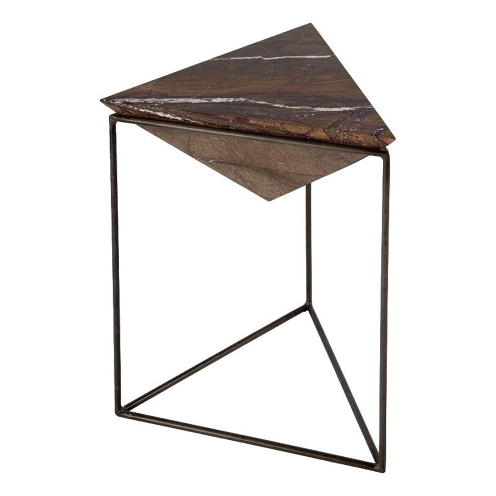 Addis Triangular Brown Marble and Iron Side Table