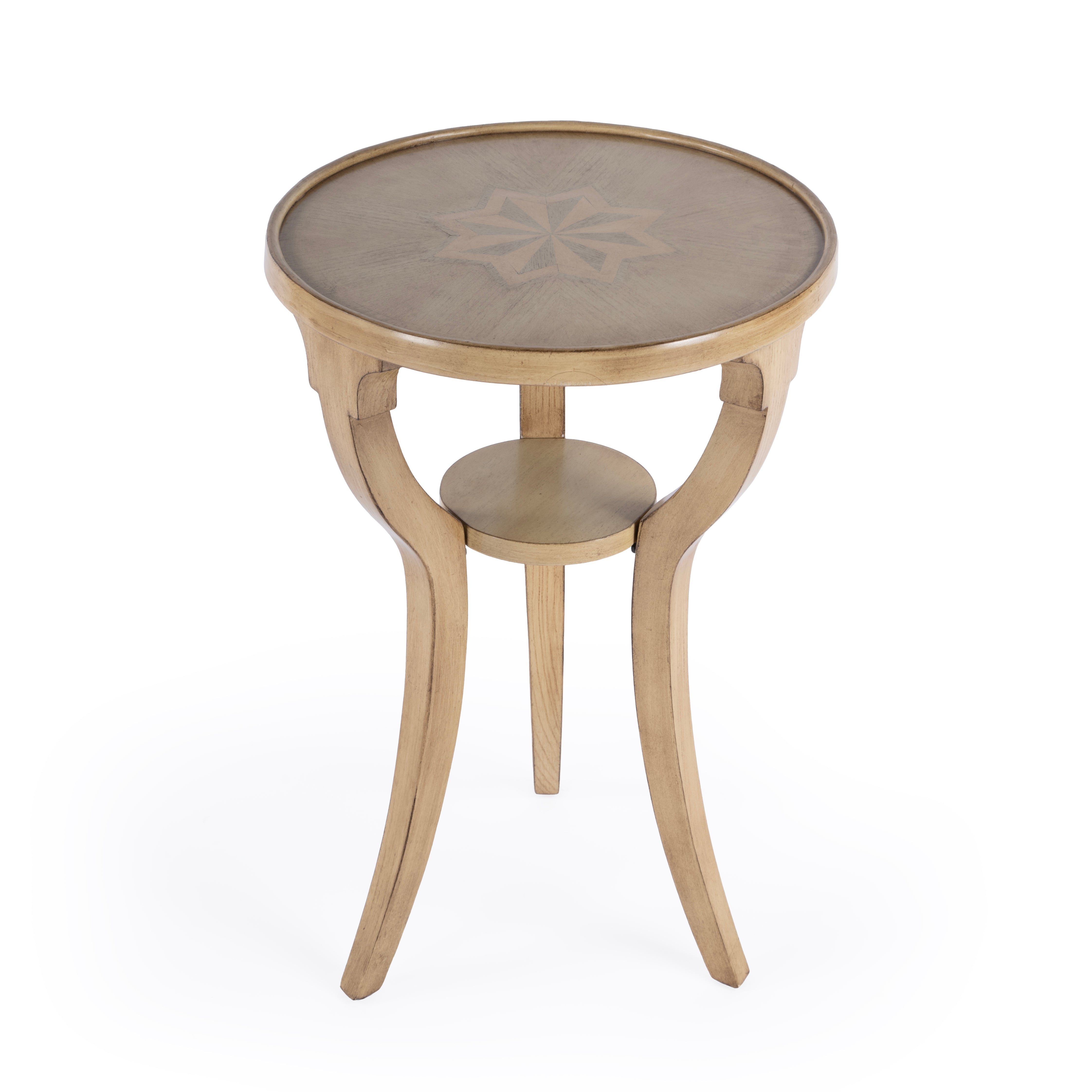 Dalton Antique Beige Round Wood Accent Table with Shelf