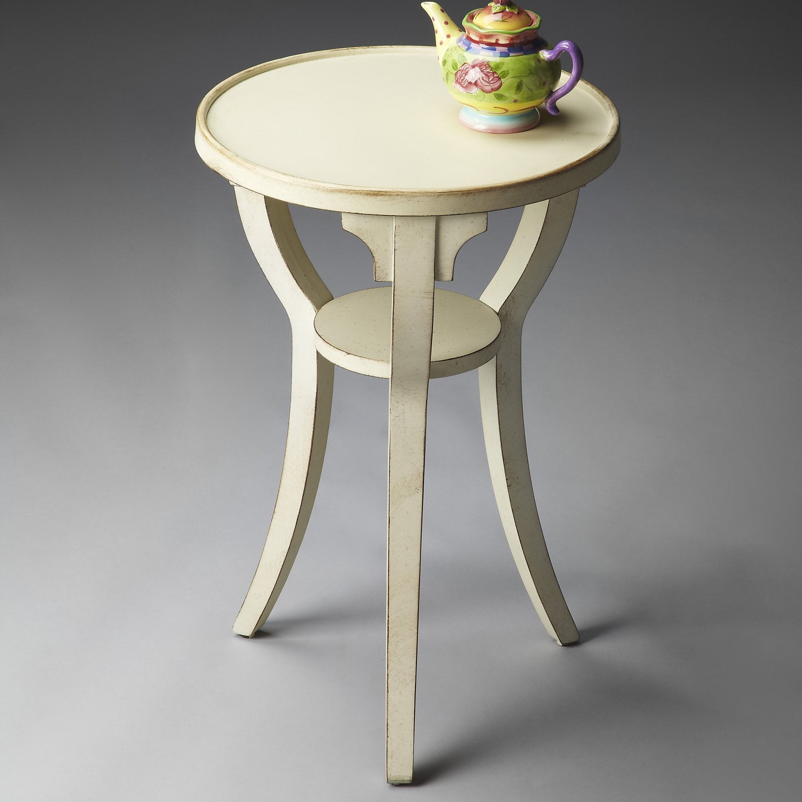 Cottage White Round Wood Accent Table with Display Shelf