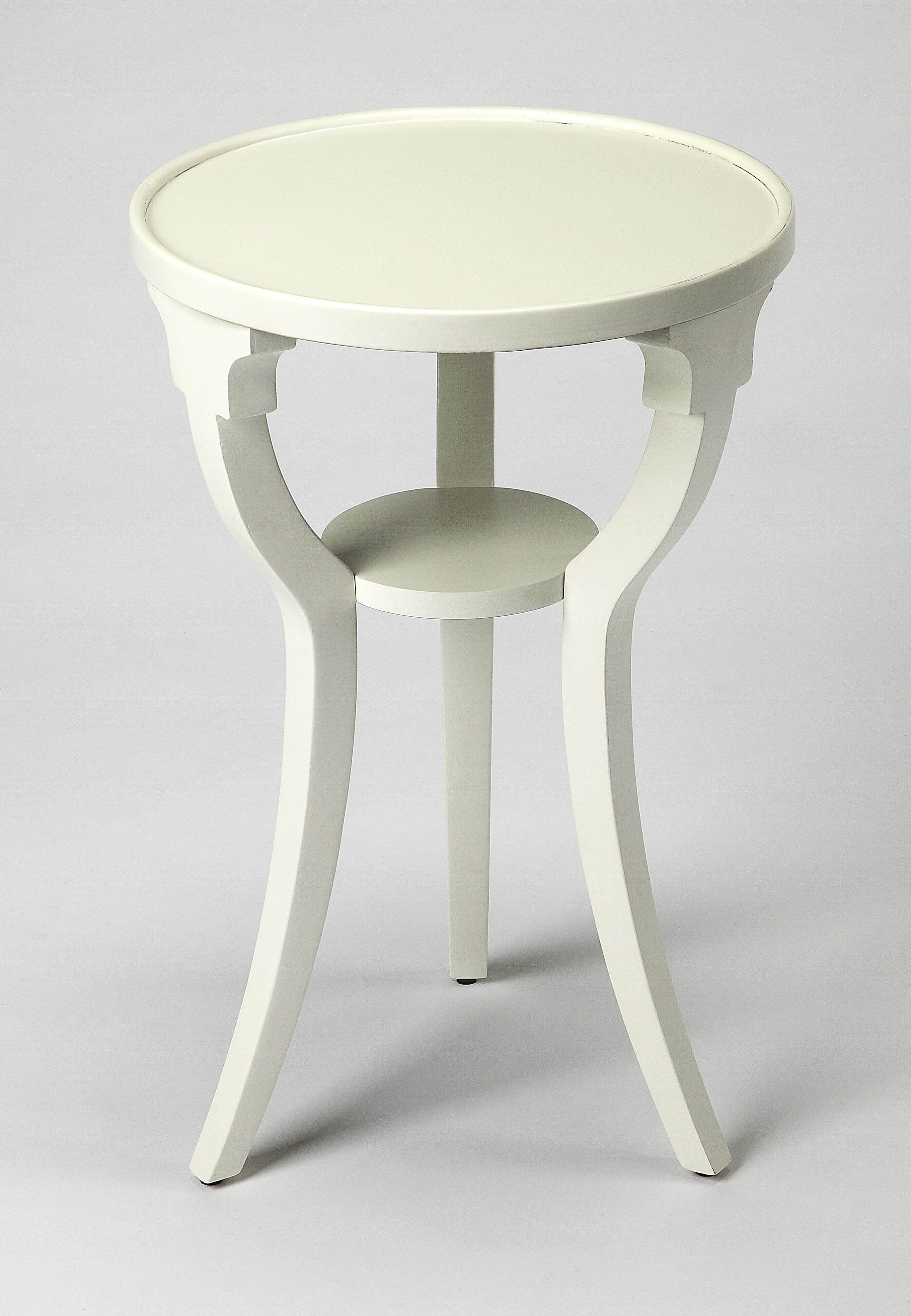 Cottage White Round Wood Accent Table with Display Shelf