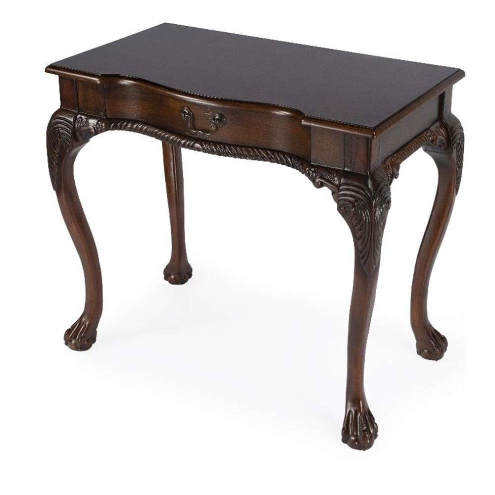 Cherry Brown Wood Writing Desk with Drawer and Carved Details