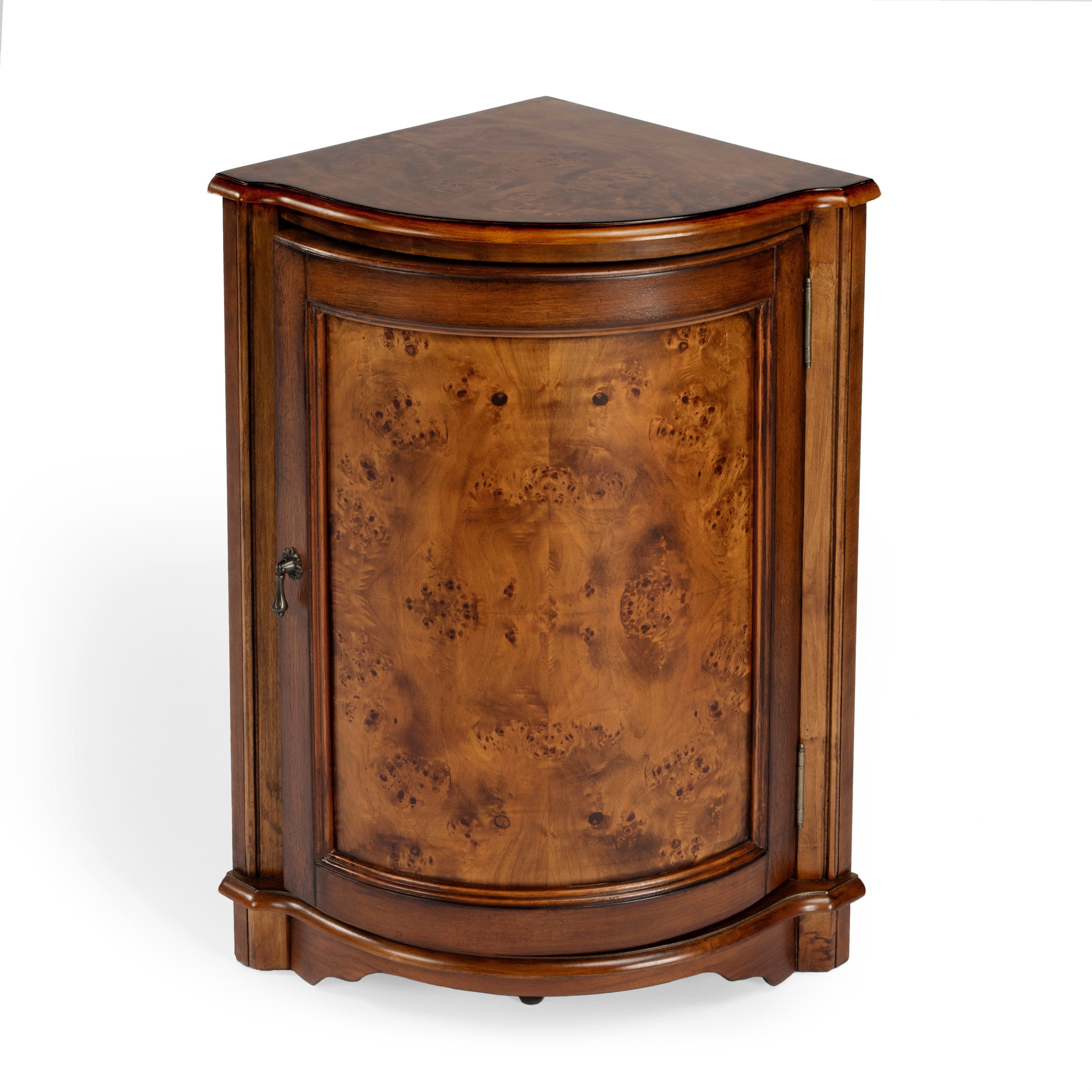 Durham Light Brown Olive Ash Burl Corner Cabinet with Adjustable Shelving