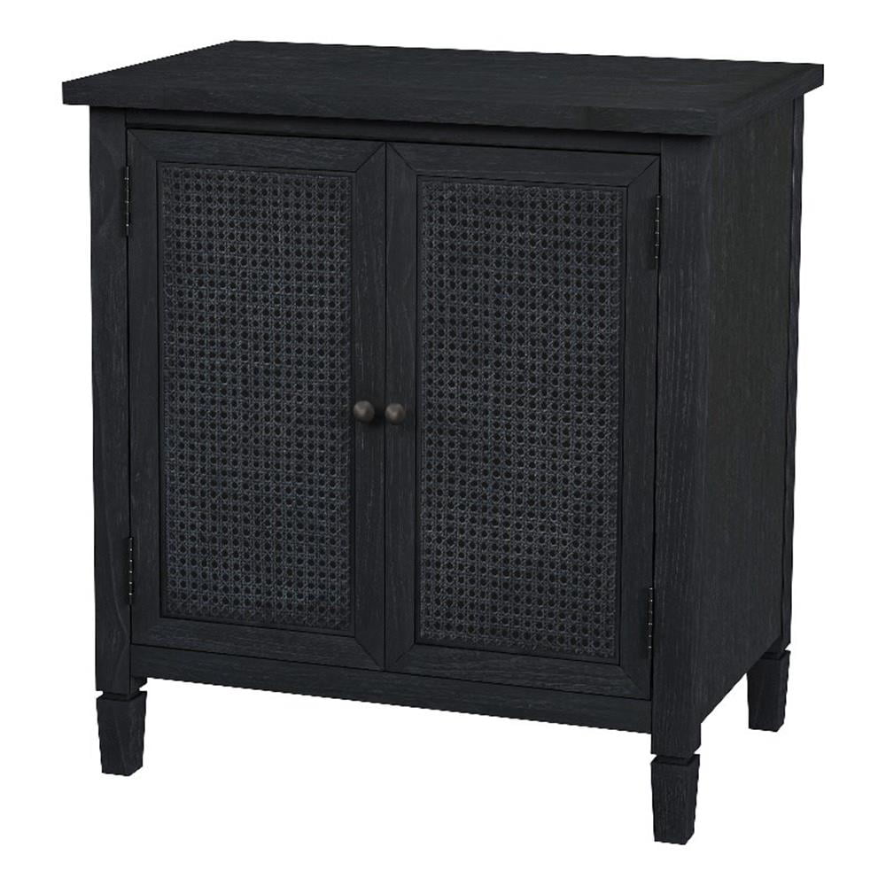Washed Black Mindi Wood Cane Cabinet with Bronze Hardware