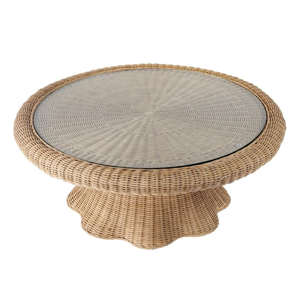 Round Light Brown Rattan and Glass Coffee Table with Storage