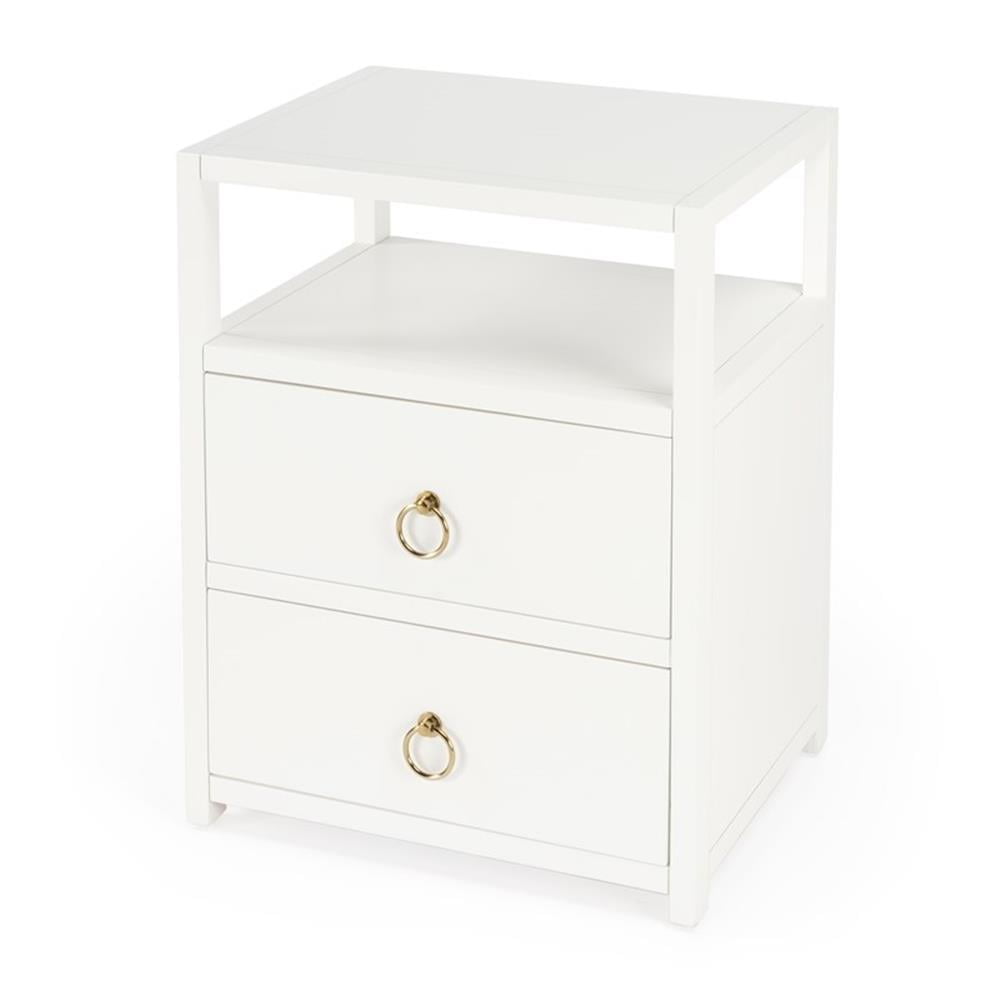 Luxe Minimalist White Acacia 2-Drawer Nightstand with Open Shelf