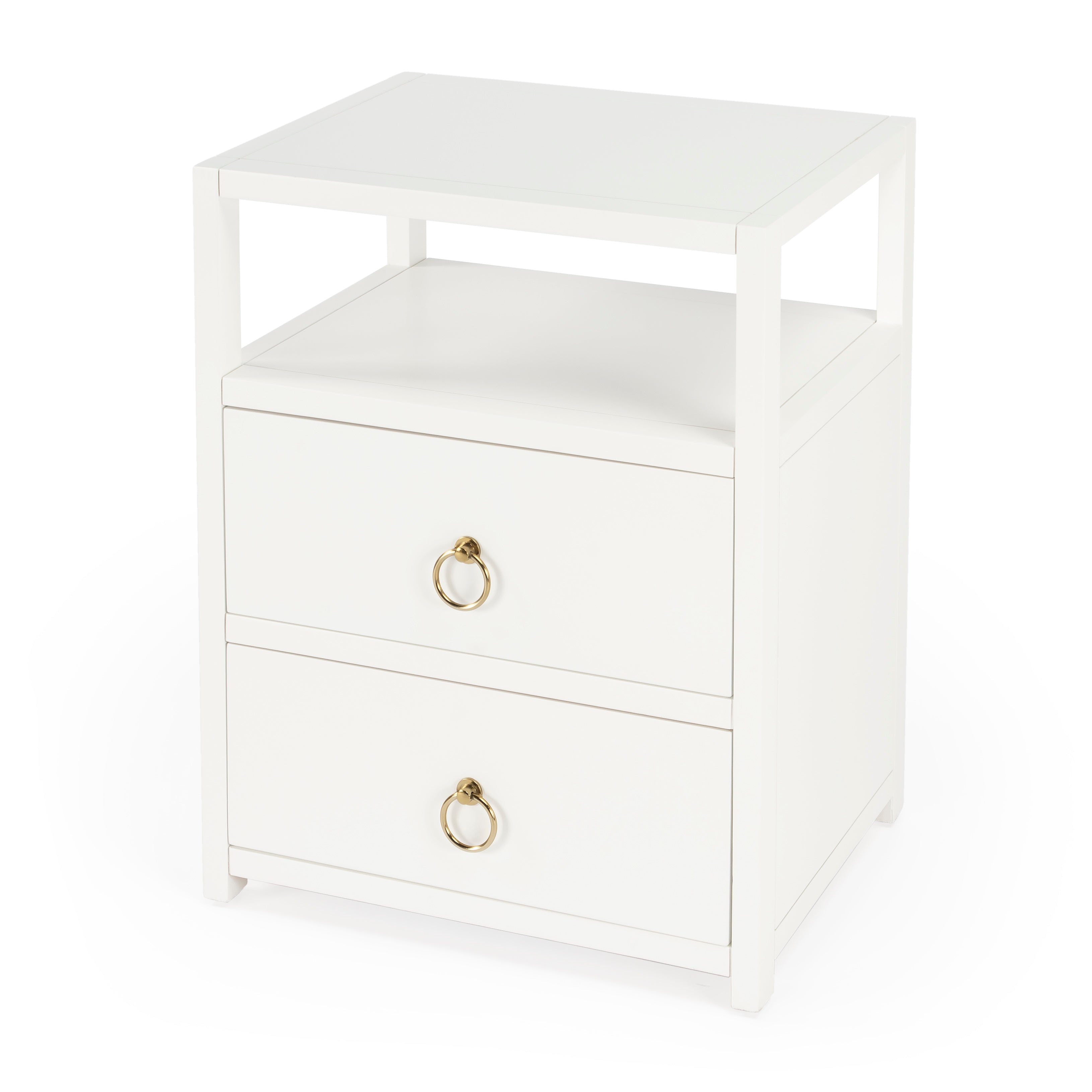 Luxe Minimalist White Acacia 2-Drawer Nightstand with Open Shelf