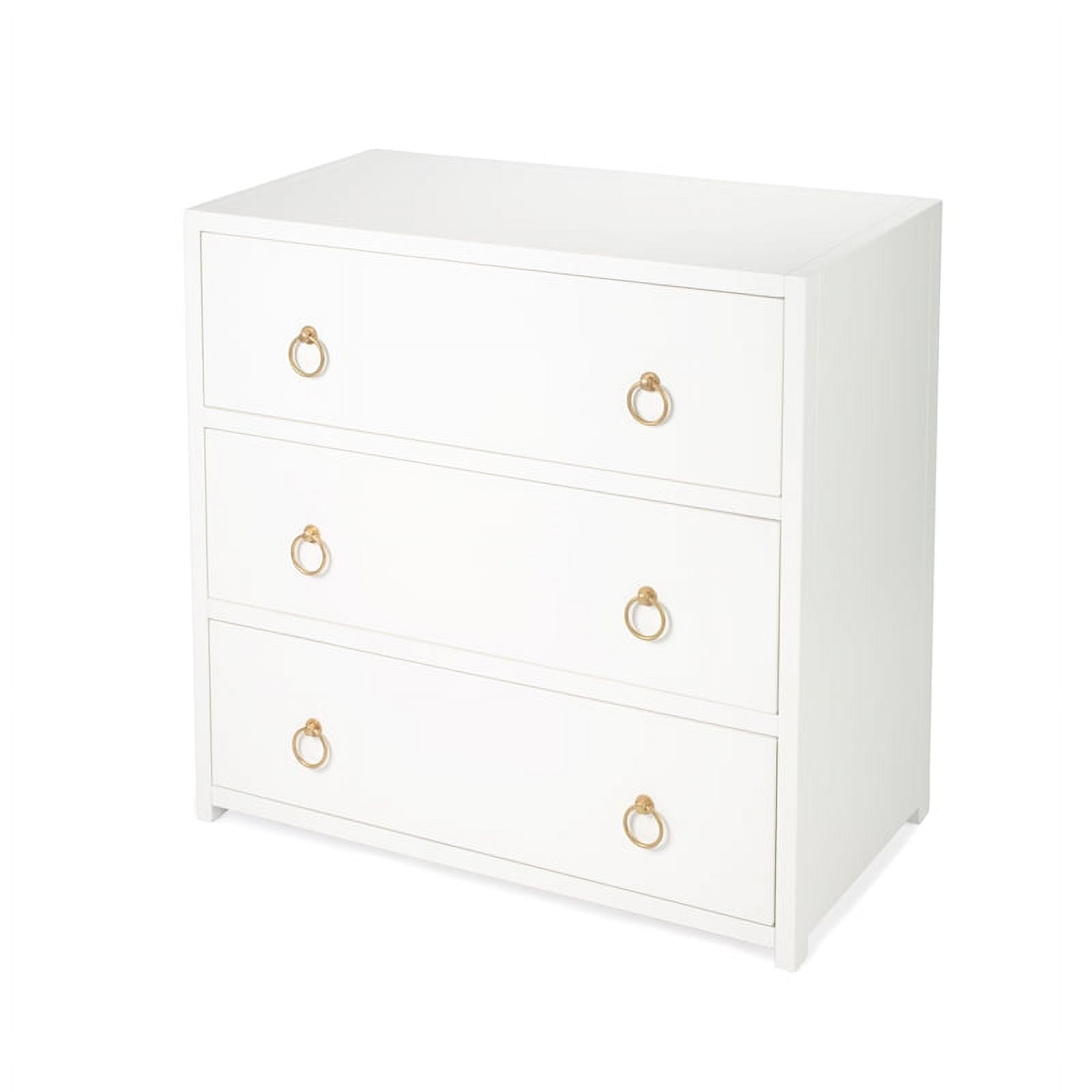 Elegant White Acacia 3-Drawer Chest with Gold Metallic Hardware