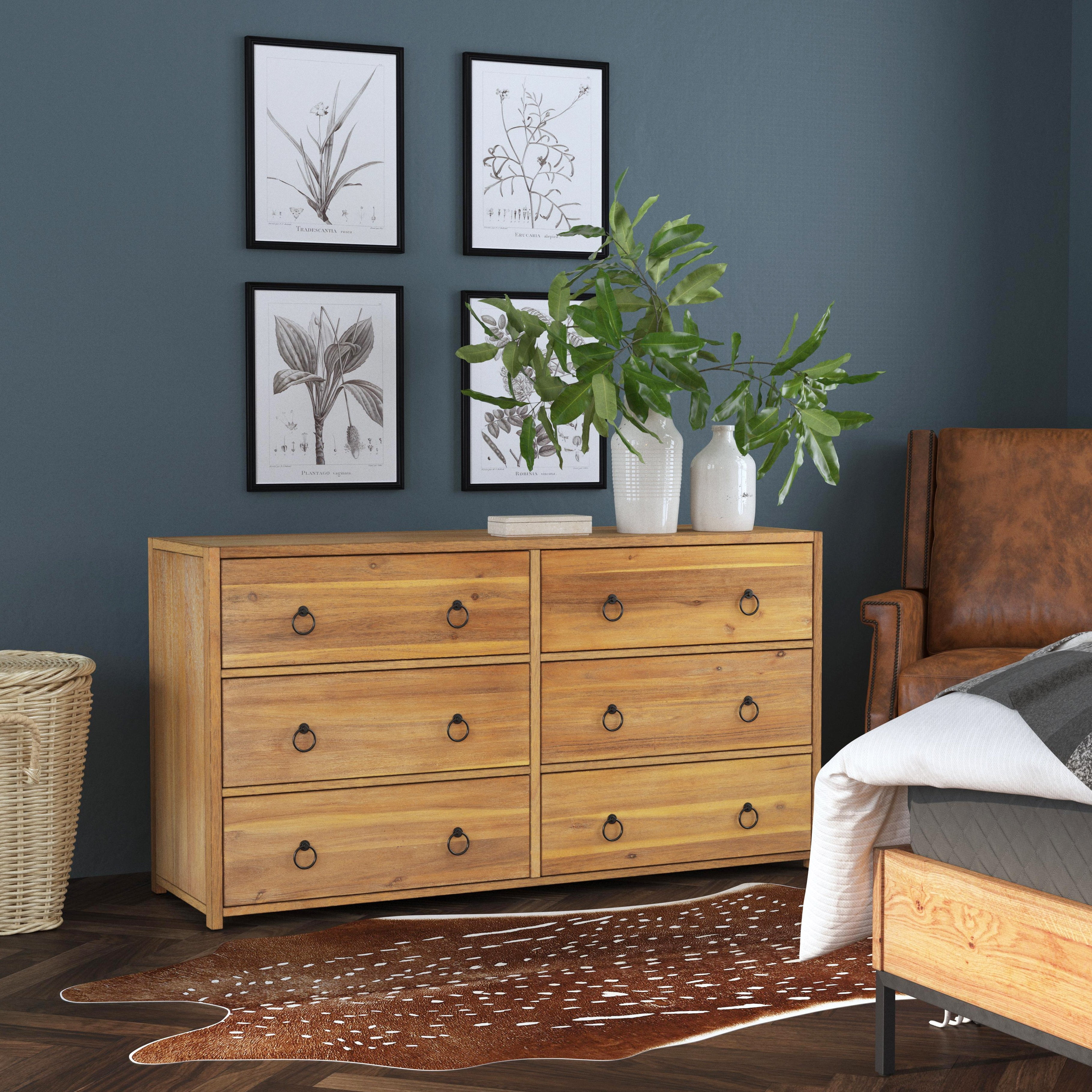 Lark Natural Wood 6-Drawer Dresser with Glam Ring Pulls
