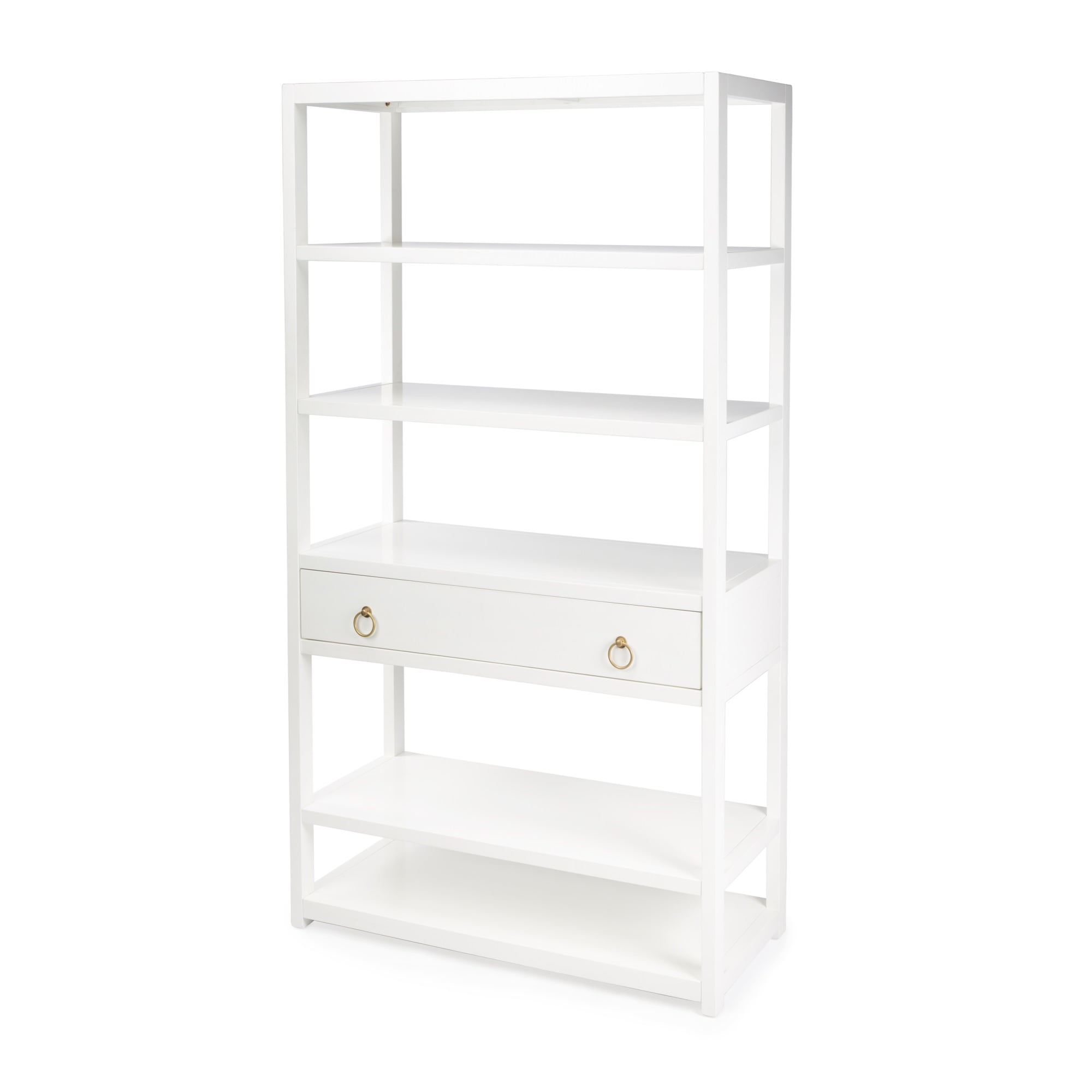Elevated Elegance White Acacia Wood Etagere Bookcase with Gold Hardware