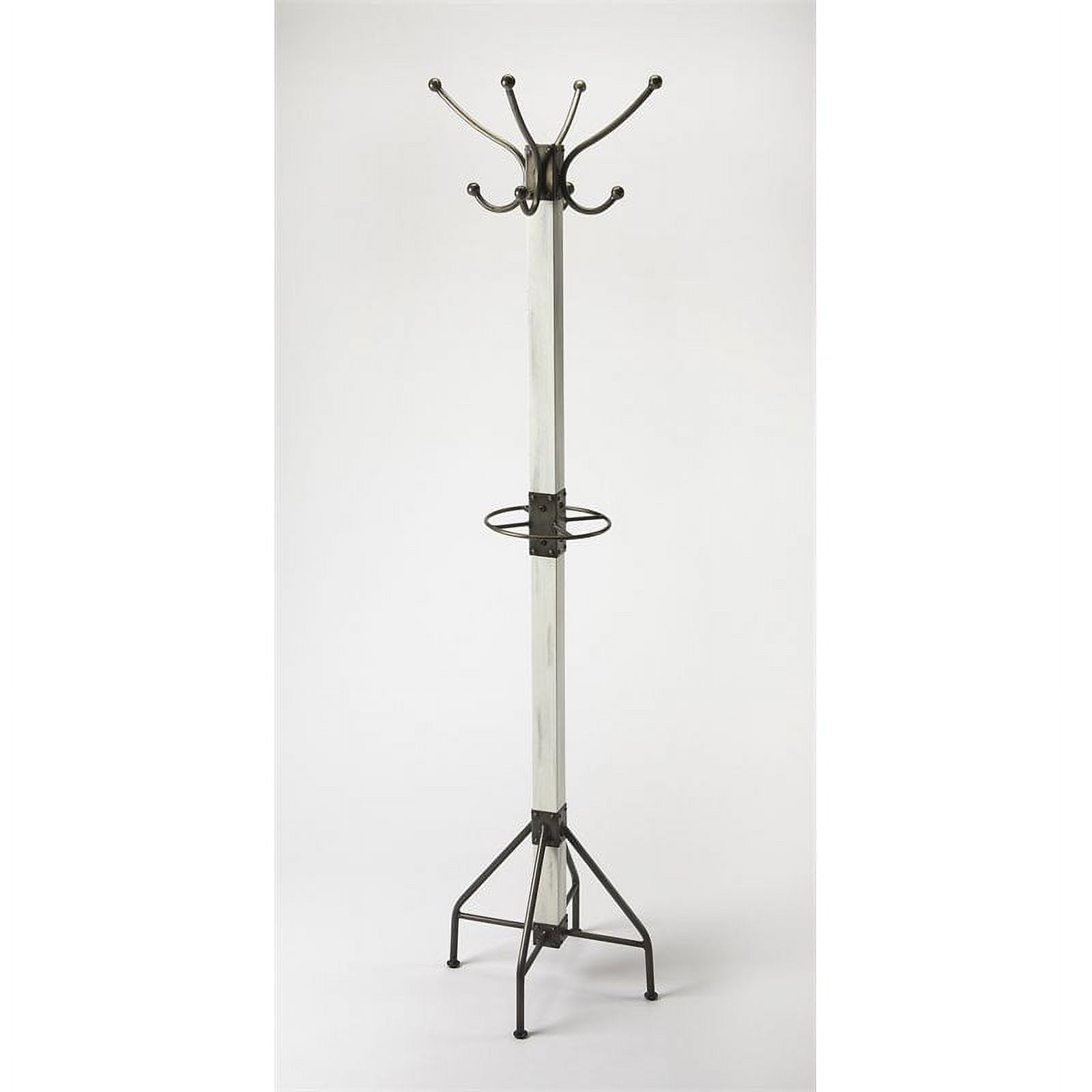 Transitional White Solid Wood & Iron 8-Hook Coat Rack