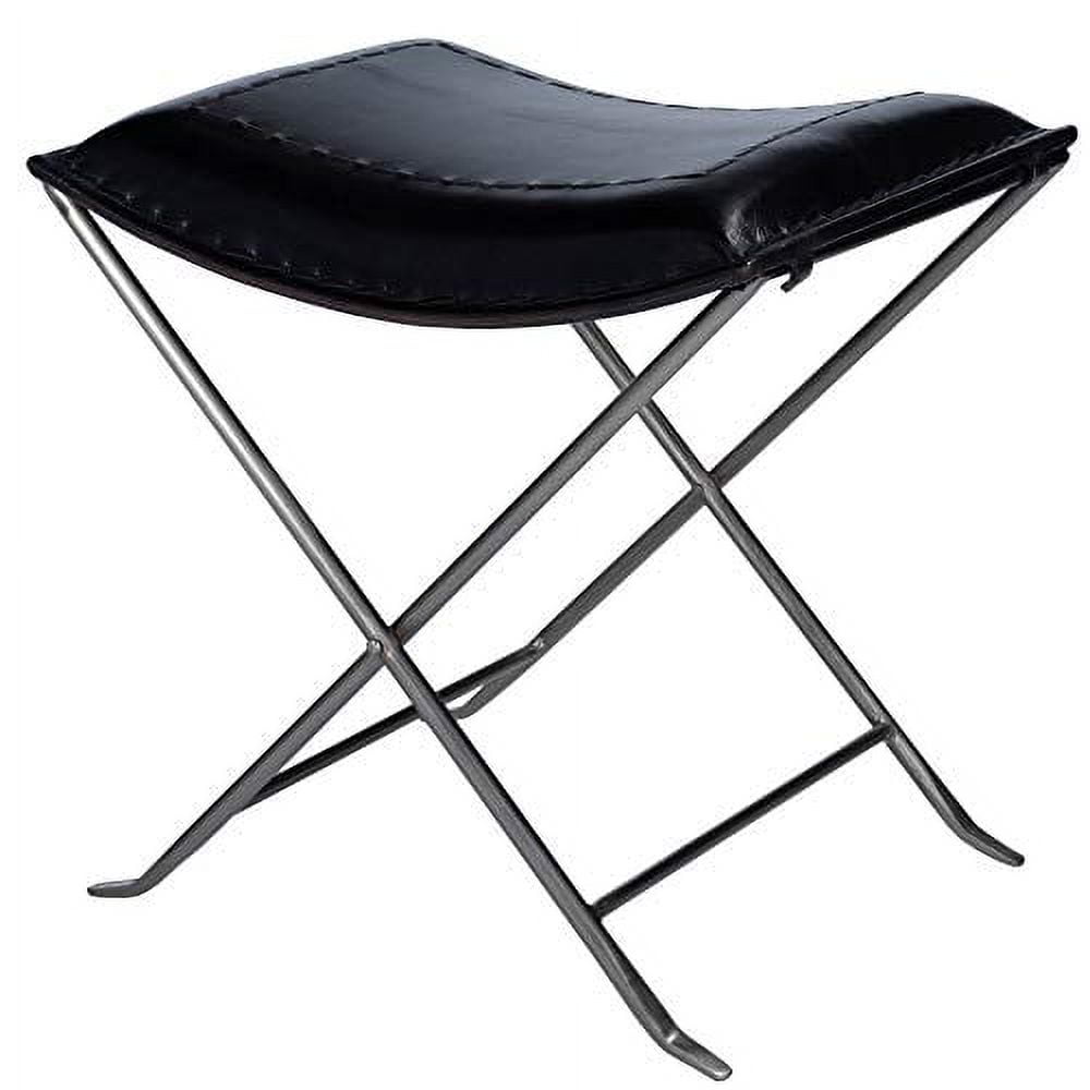 Melton Black Leather and Iron Folding Accent Stool