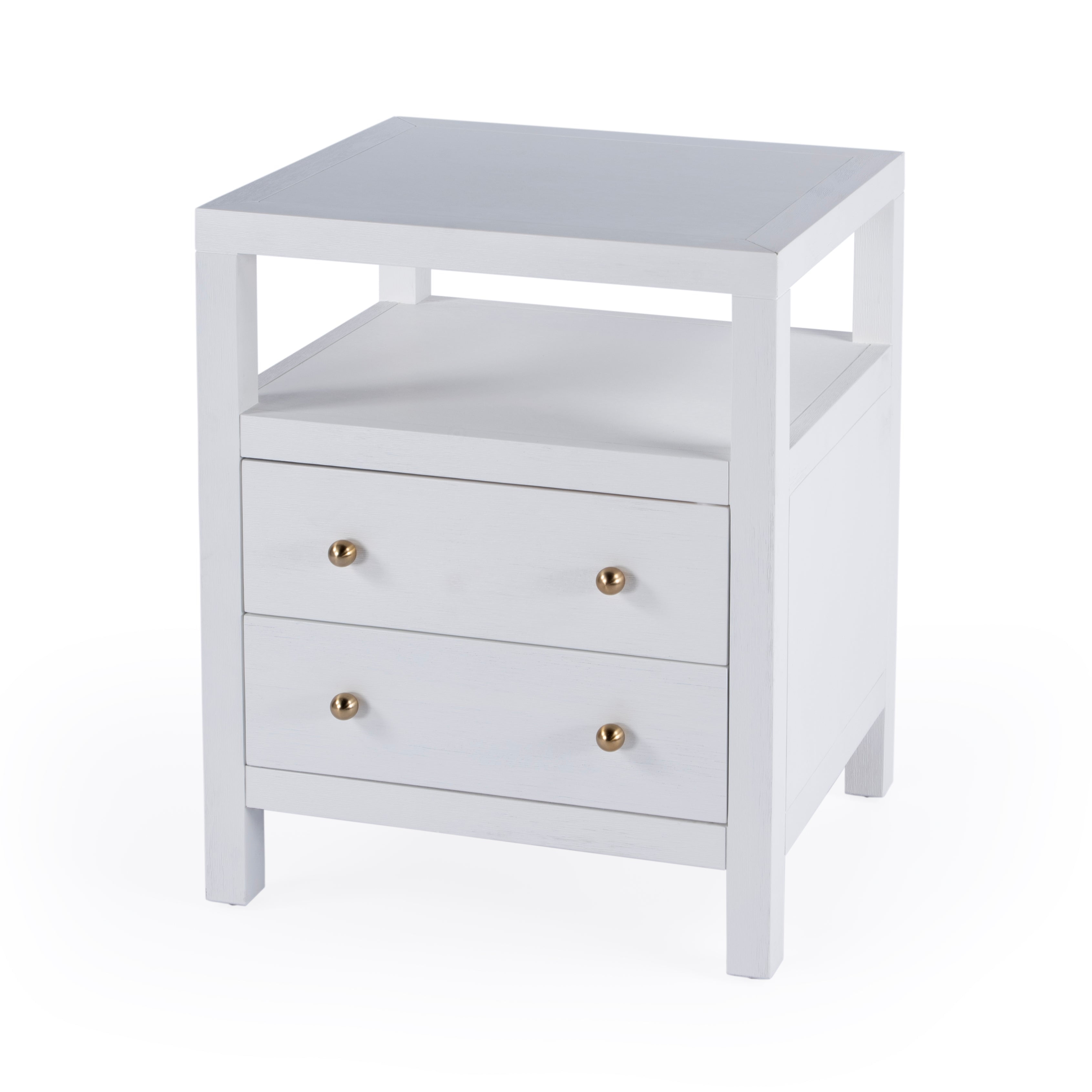 White Acacia Wood 2-Drawer Nightstand with Gold Pulls