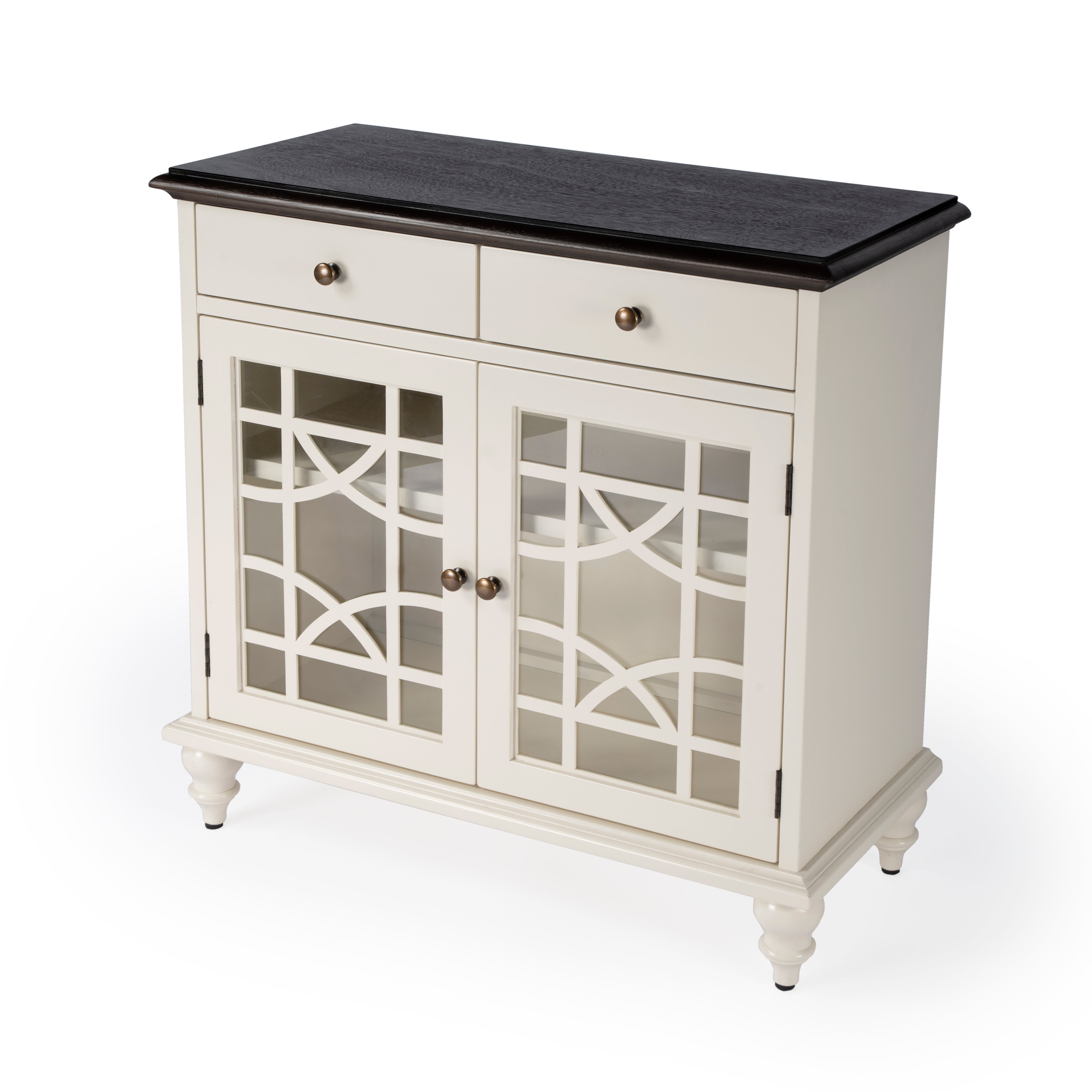 White and Dark Brown Wood Freestanding Office Cabinet with Glass Doors