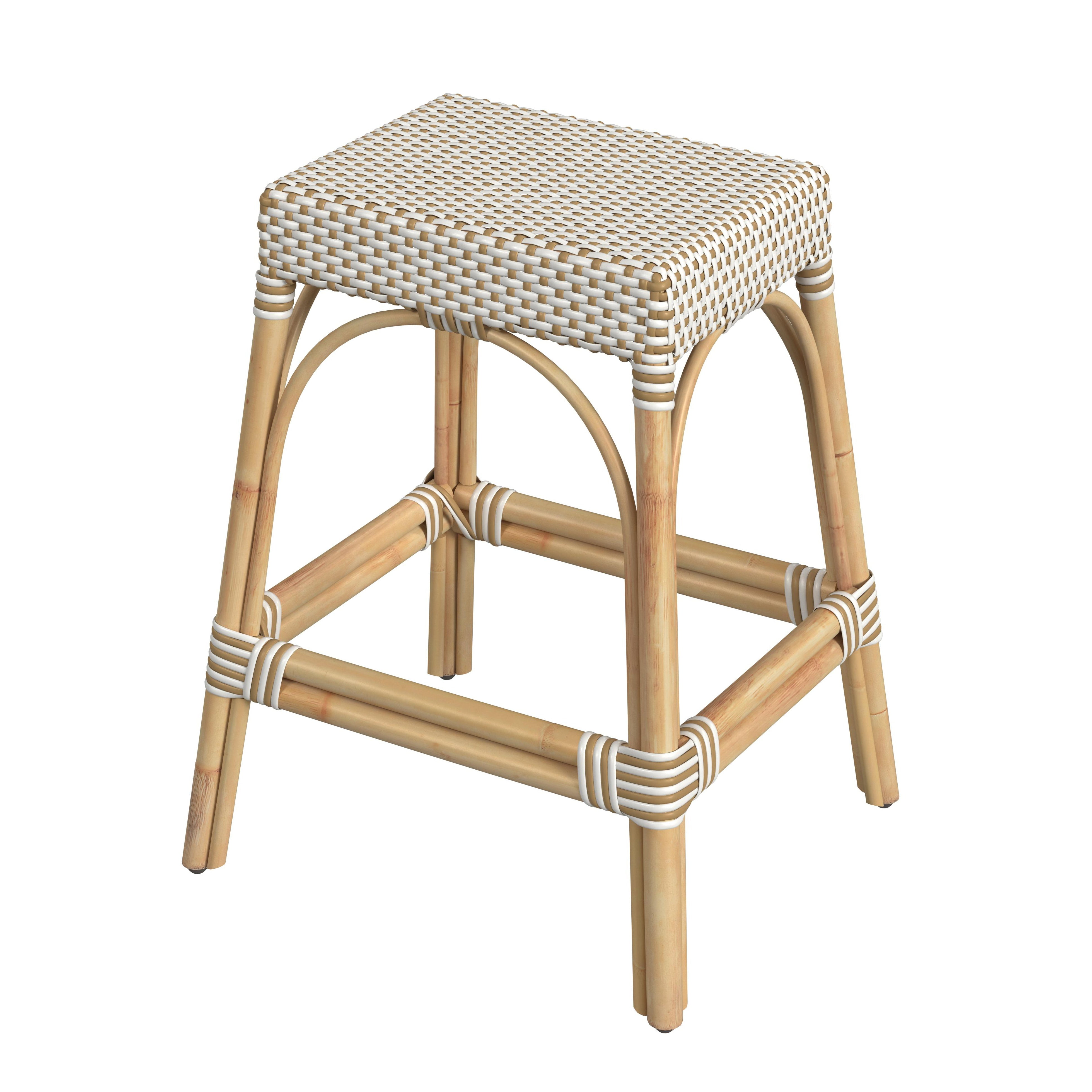 Robias 24.5" White and Tan Dot Rattan Backless Counter Stool