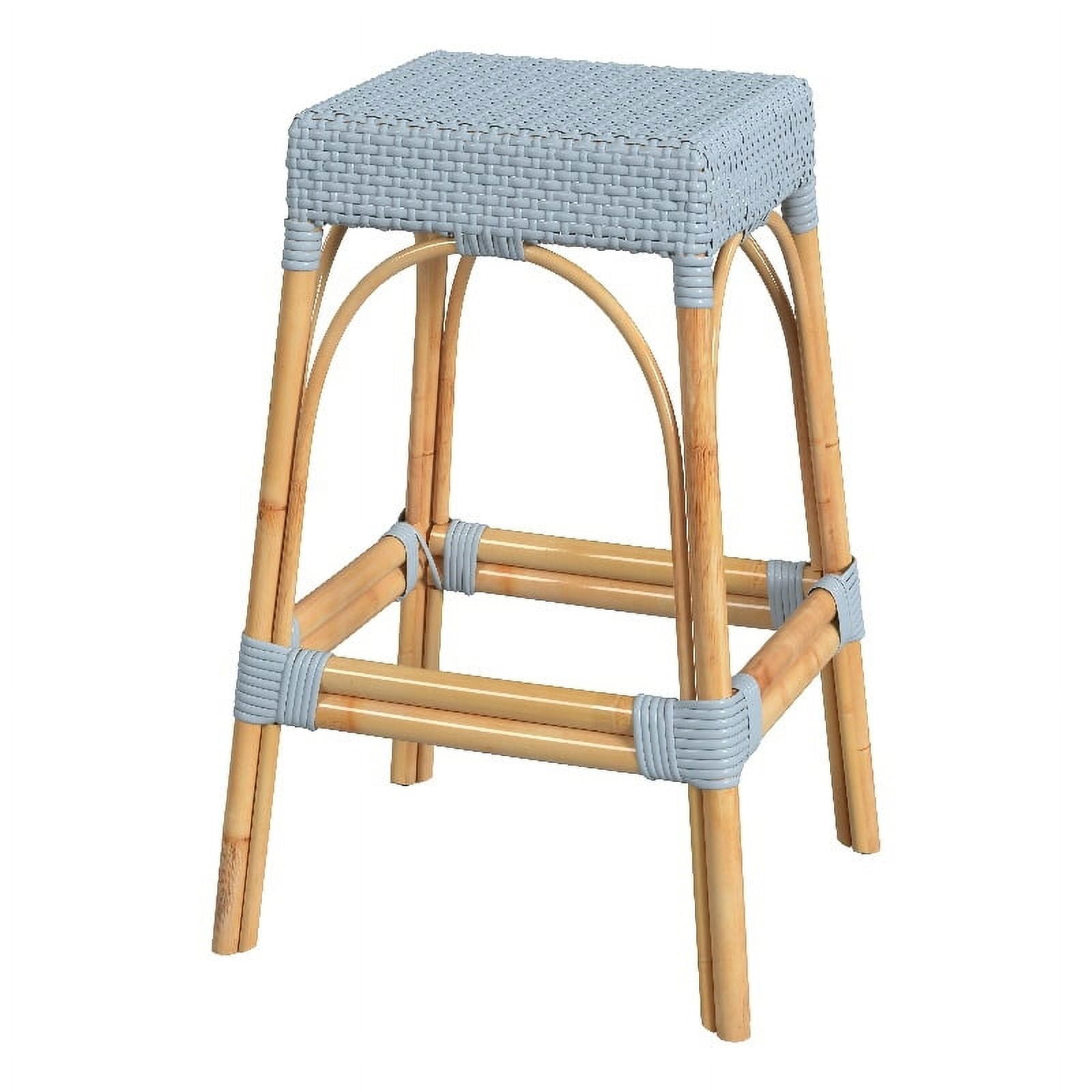 Baby Blue Rattan Backless Bar Stool with Natural Wood Frame