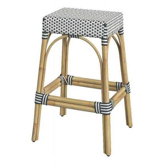Butler Specialty Company Robias Rectangular Rattan 30" Bar Stool - White & Navy