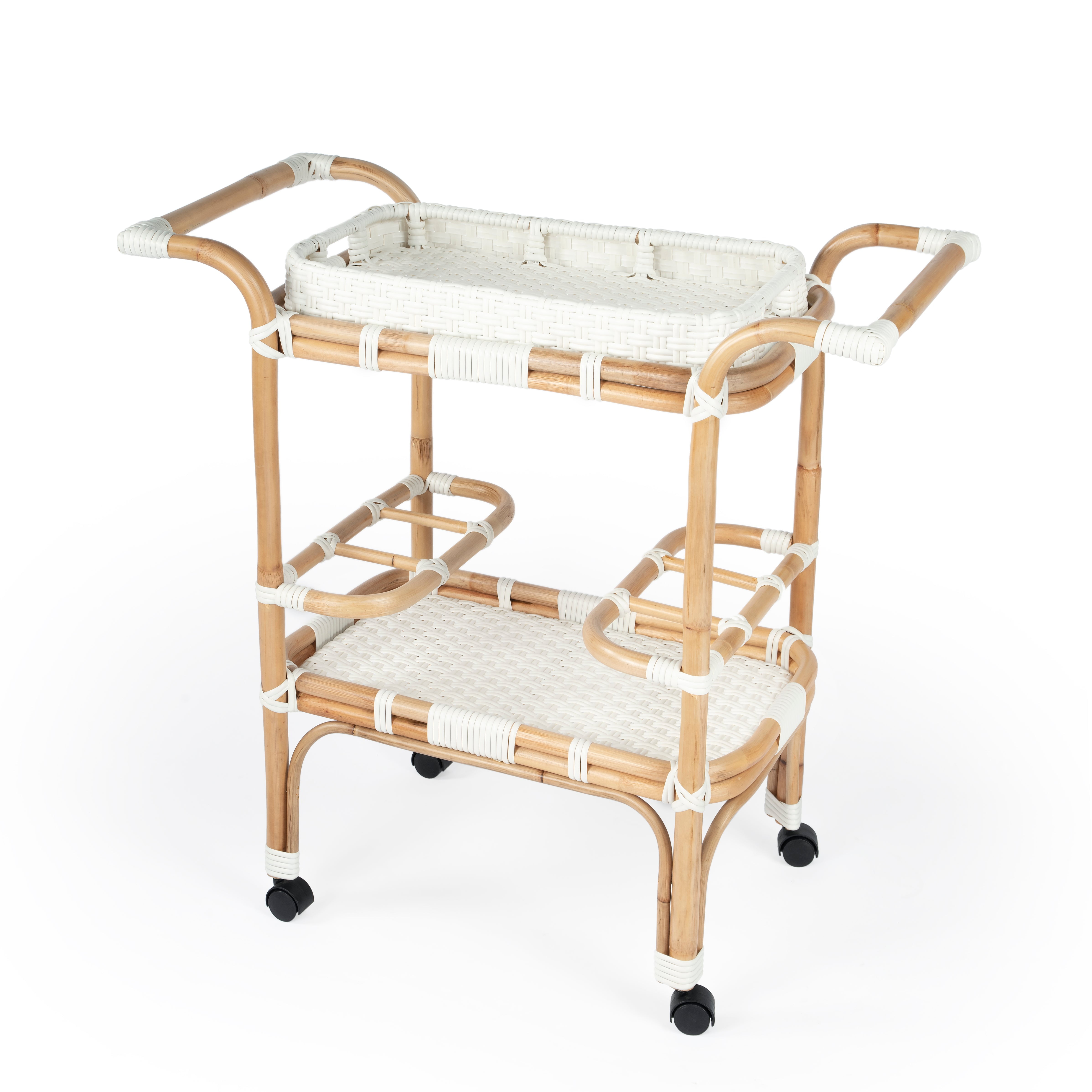 Selena White PU Rattan Weave Serving Cart with Removable Tray