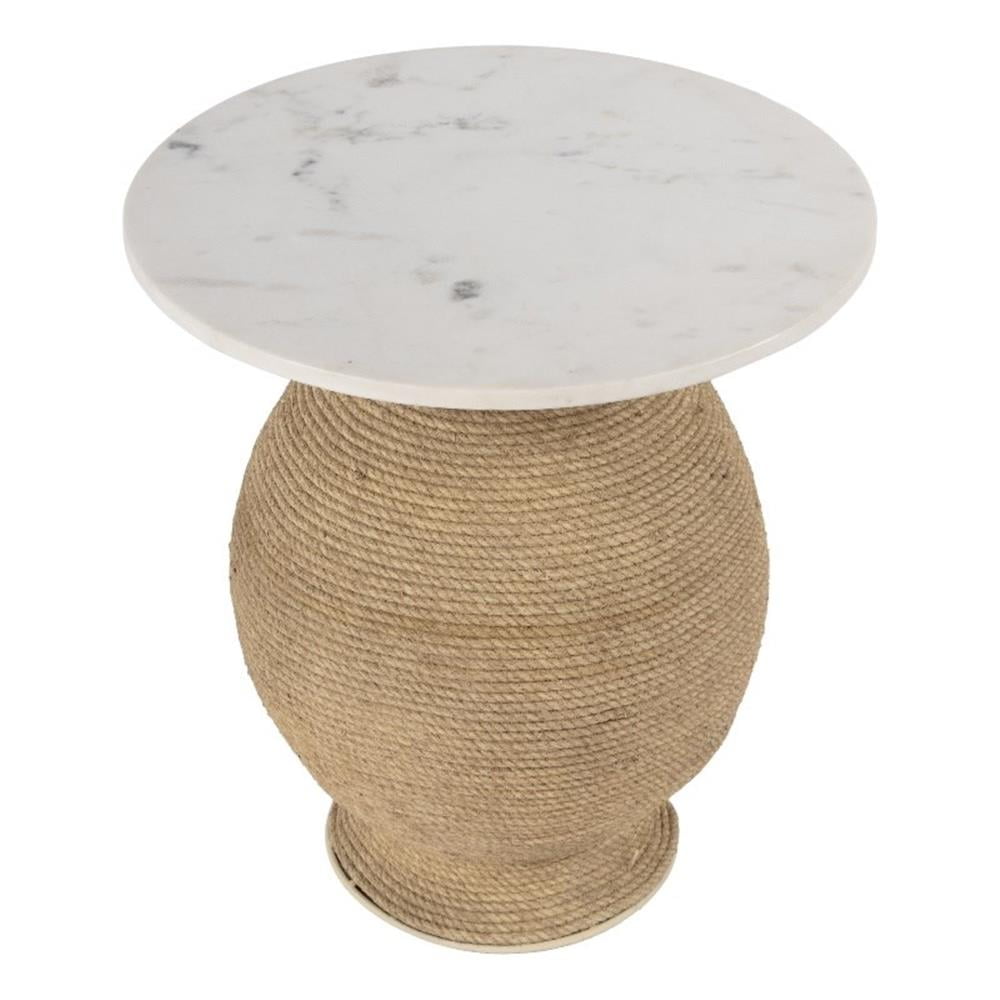 Ivory Round Marble and Rope End Table with Metal Base